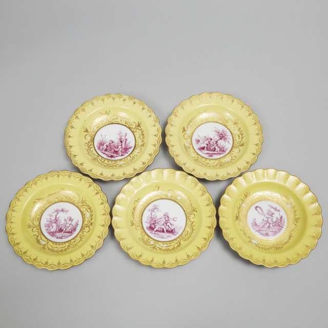 Continental Porcelain Puce Camaïeu Yellow-Ground Dessert Service, 19th century