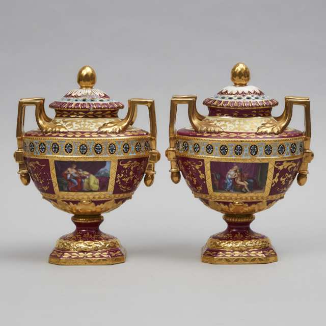 Pair of 'Vienna' Two-Handled Covered Vases, late 19th century