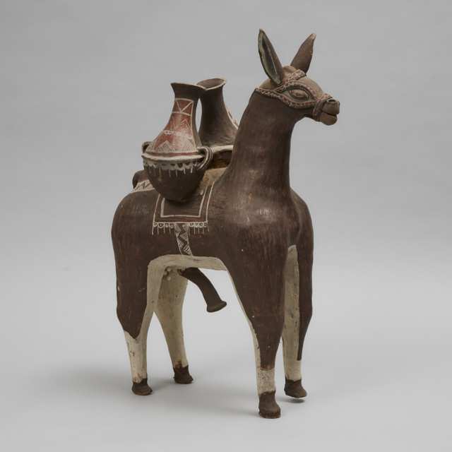 Large Mexican Painted Pottery Figure of a Donkey Bearing Water Jugs, 20th century