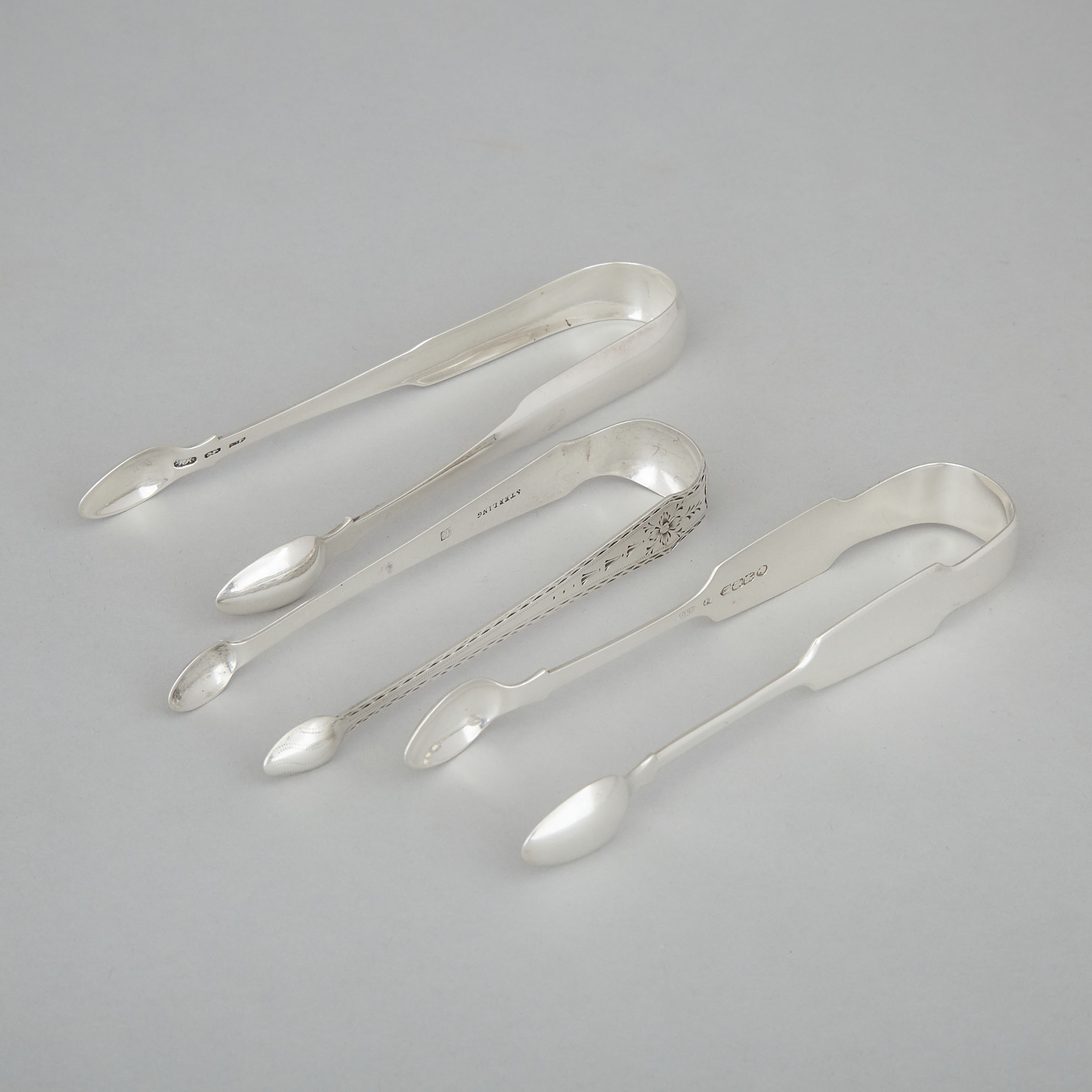 Irish Provincial Silver Sugar Tongs, Joseph Gibson, Cork, c.1790 and Two Others, Dublin, c.1805 and 1840