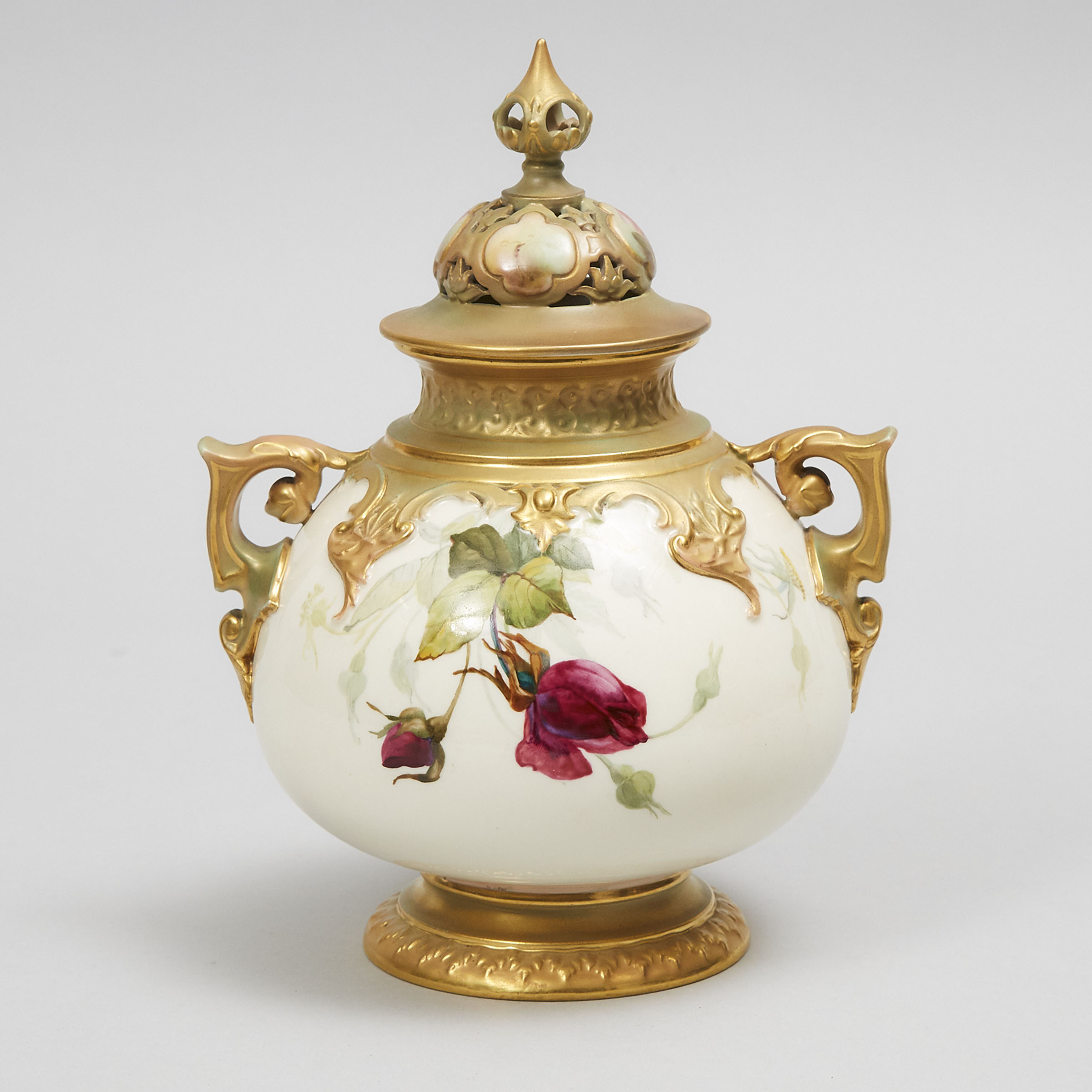Royal Worcester 'Hadley Roses' Two-Handled Potpourri Vase and Cover, 1907