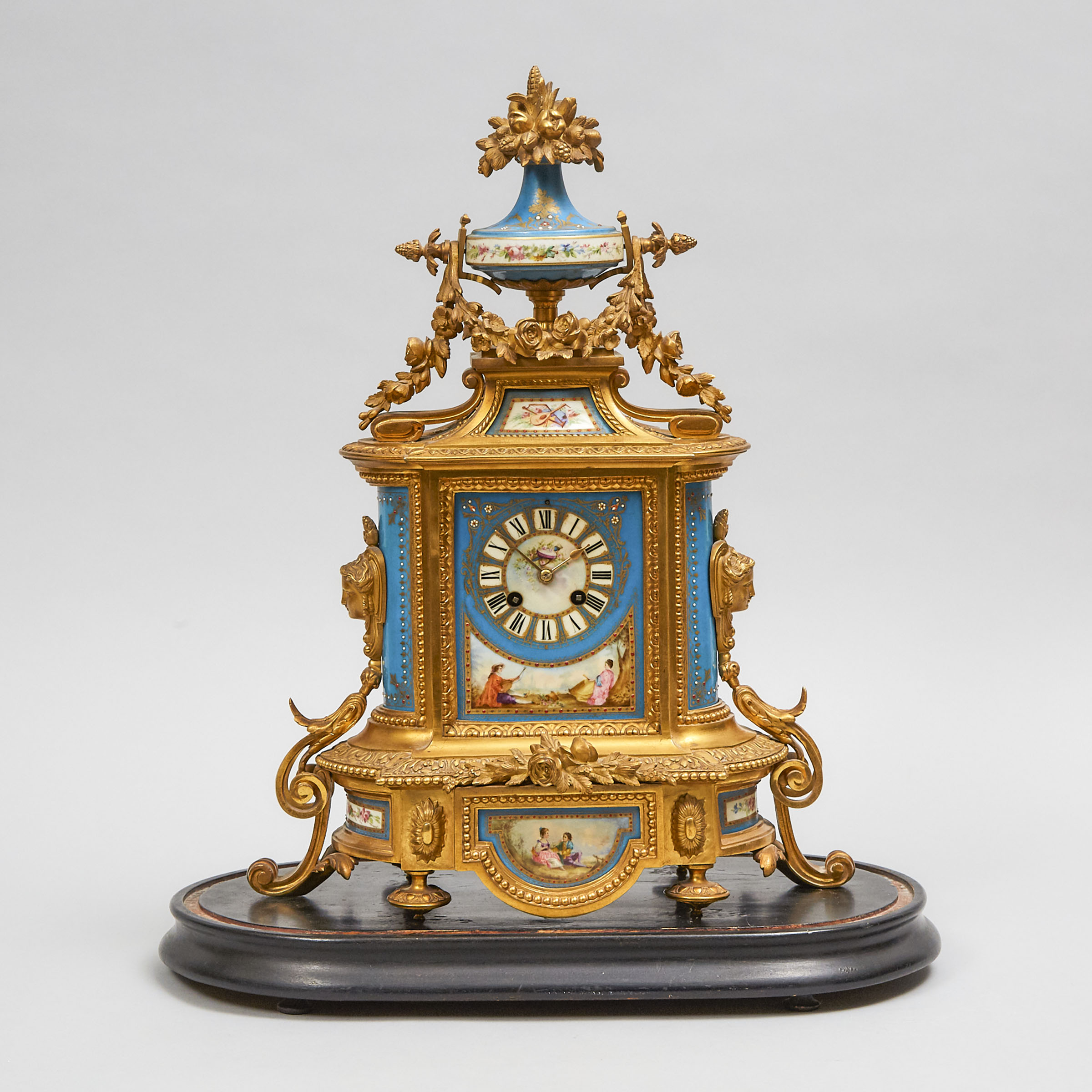 French Belle Epoque Sevres Style Porcelain Mounted Gilt Bronze Mantle Clock, c.1890