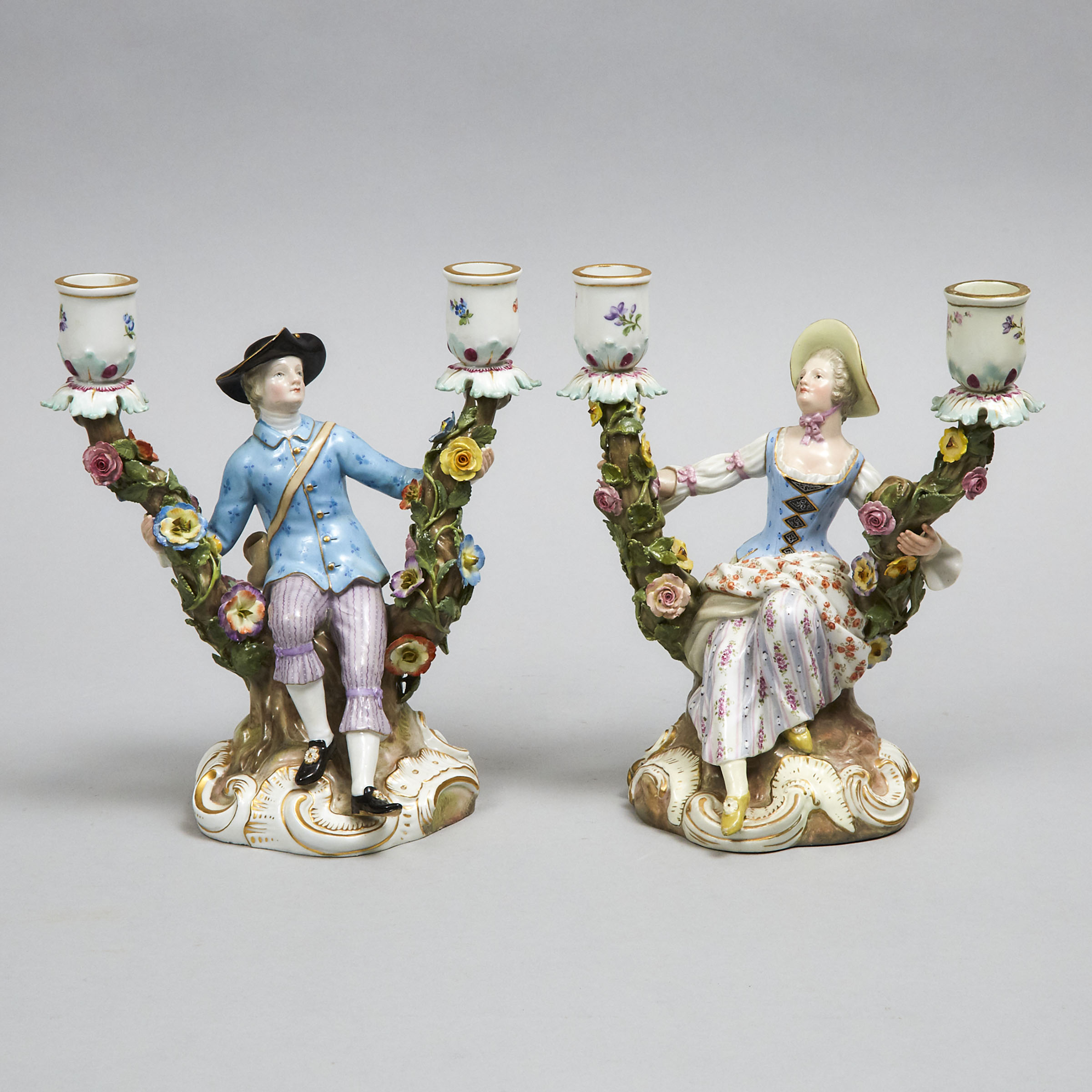 Pair of Meissen Figural Two-Light Candlesticks, late 19th century