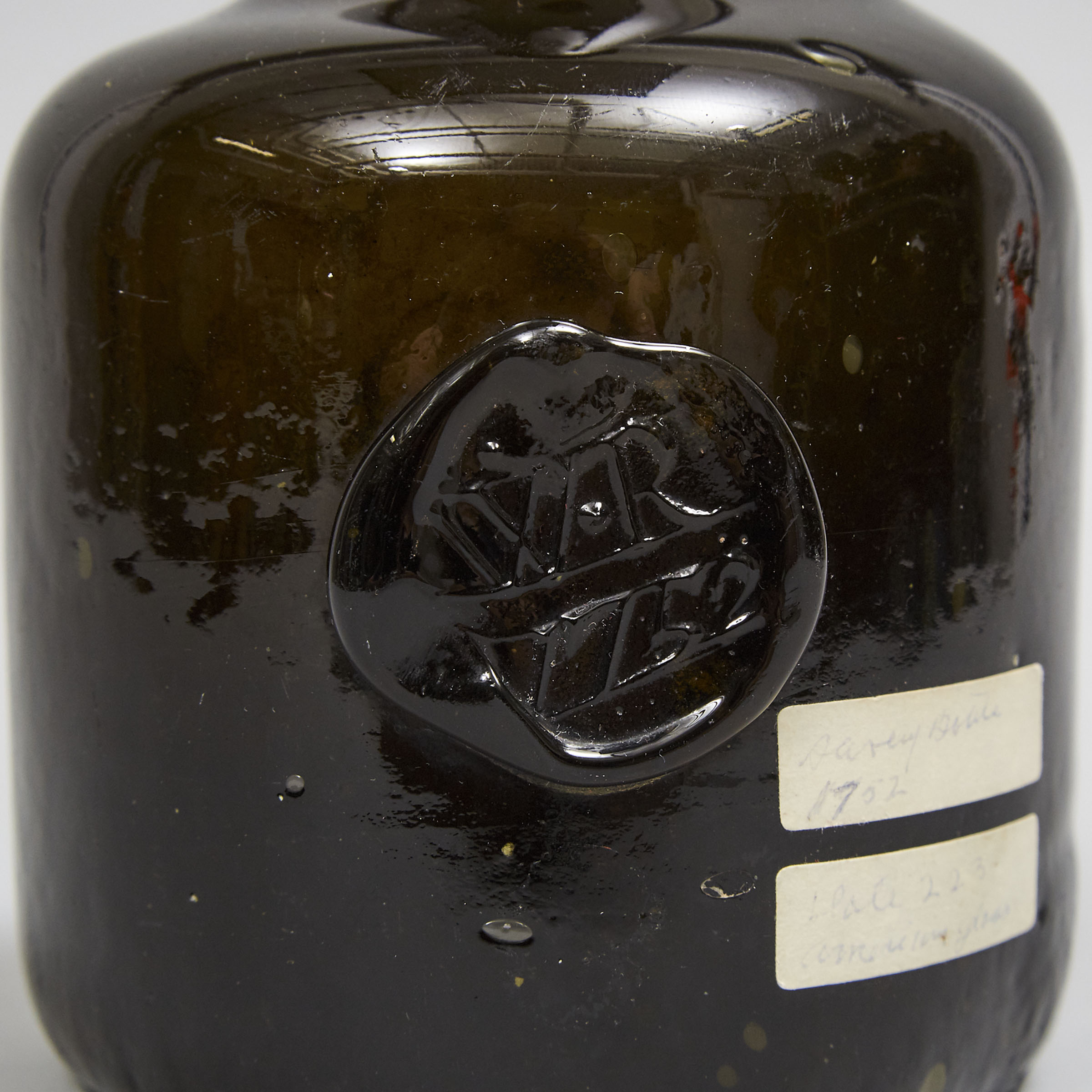 English Green Glass Applied Seal Wine Bottle, W.R, 1752