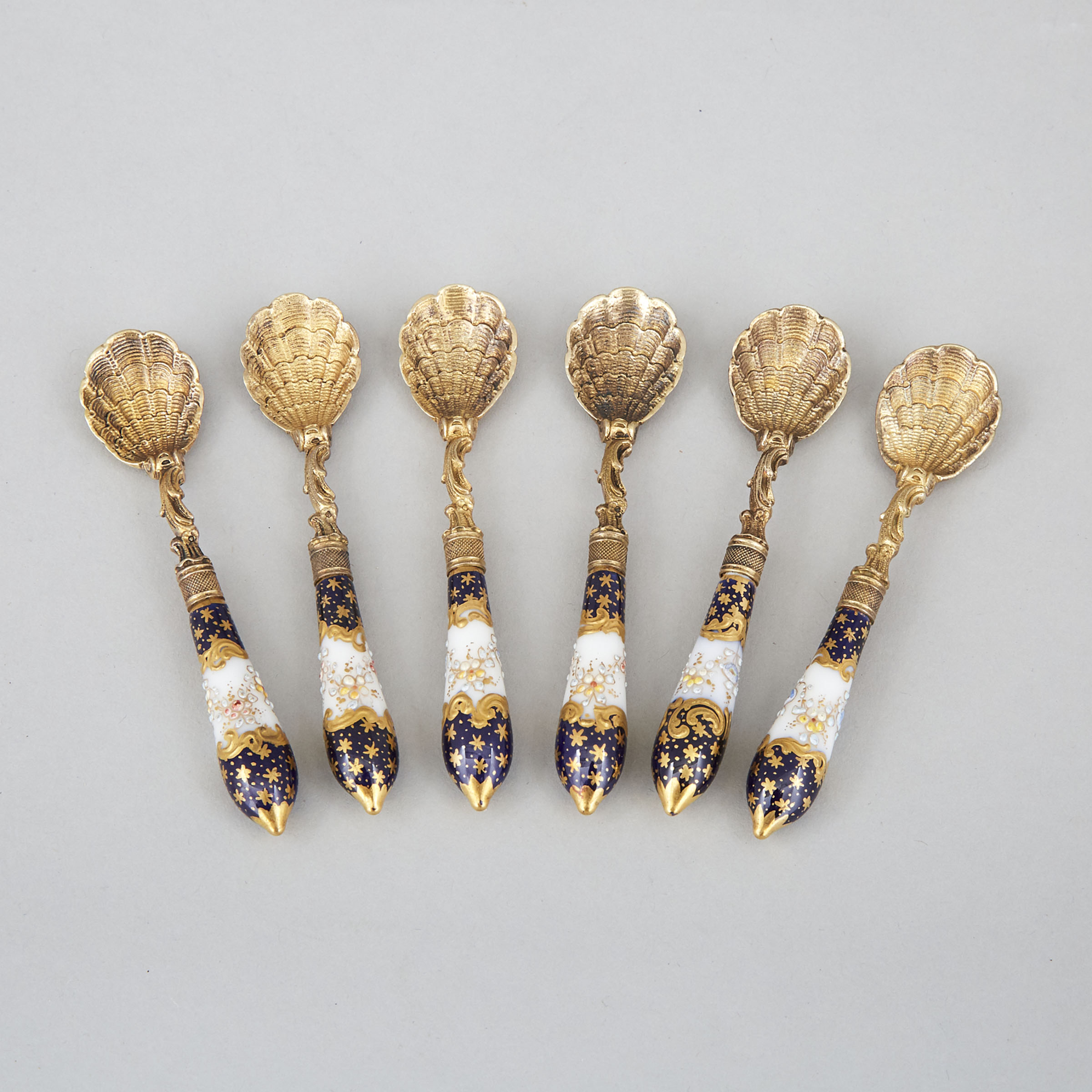 Six German Porcelain Handled Silver-Gilt Salt Spoons, c.1900