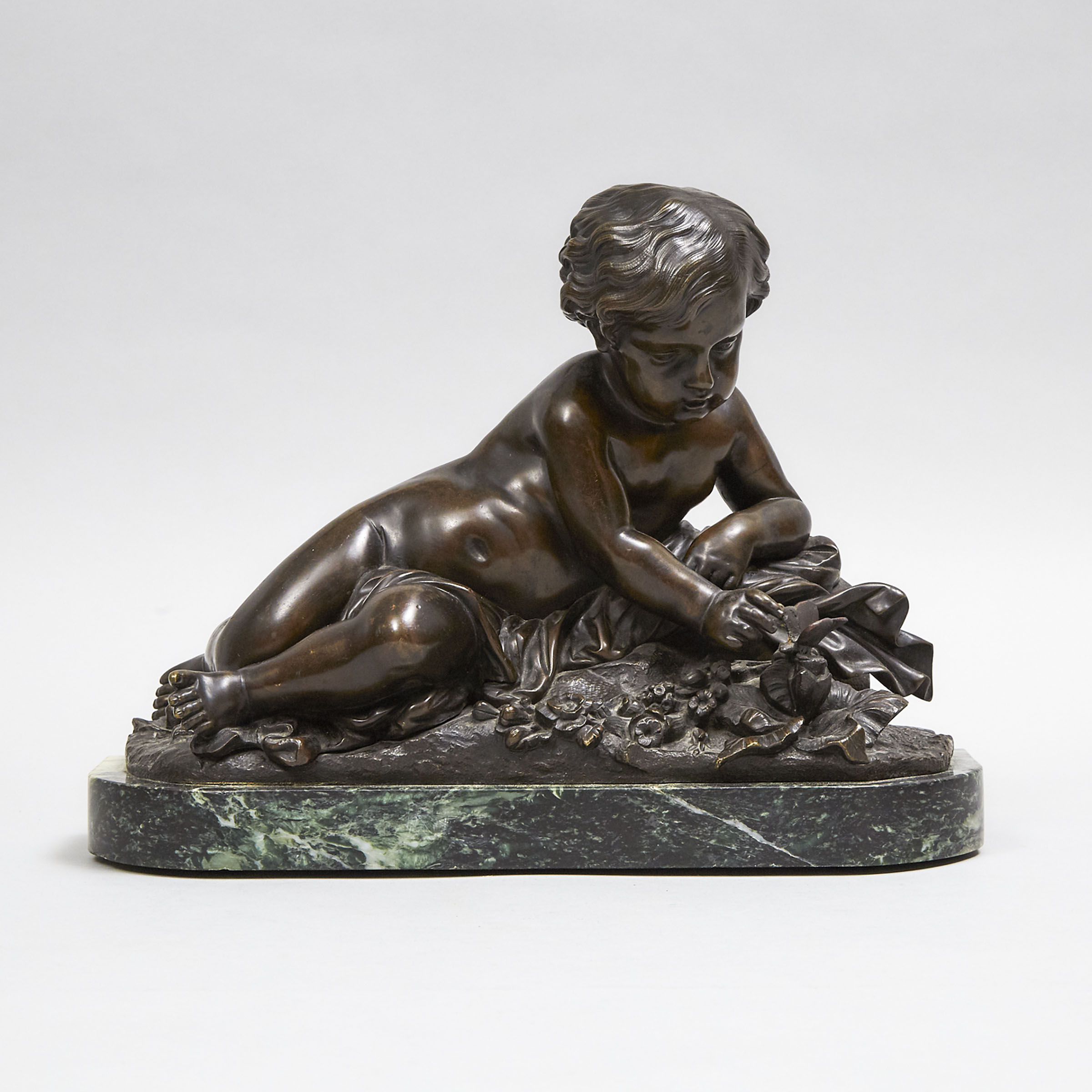 French School Bronze Model of a Cherub with a Butterfly, after Clodion, c.1900