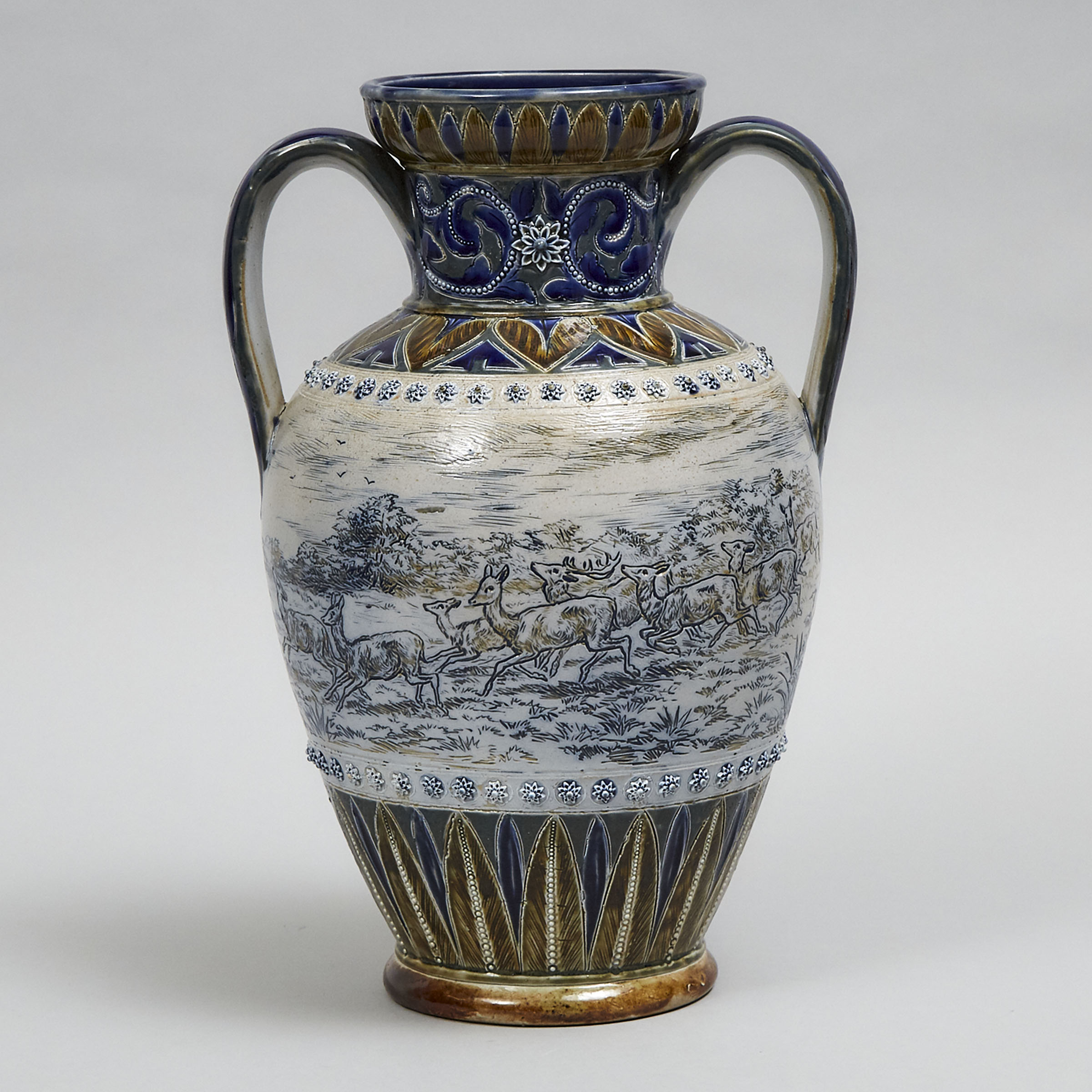Doulton Lambeth Stoneware Two-Handled Vase, Hannah Barlow and Florence Barlow, 1876