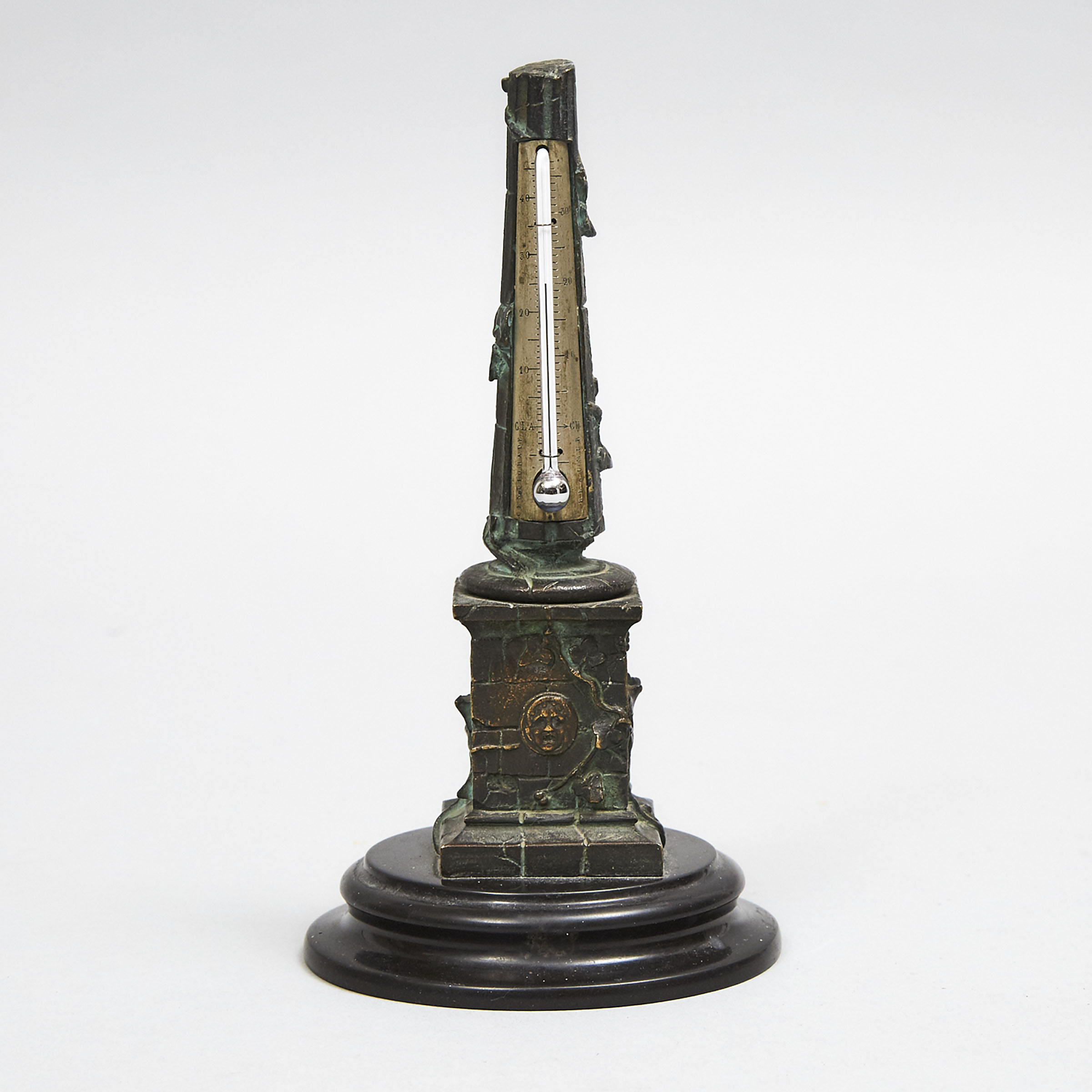 French Patinated Bronze Column Monument Form Desk Thermometer, 19th century
