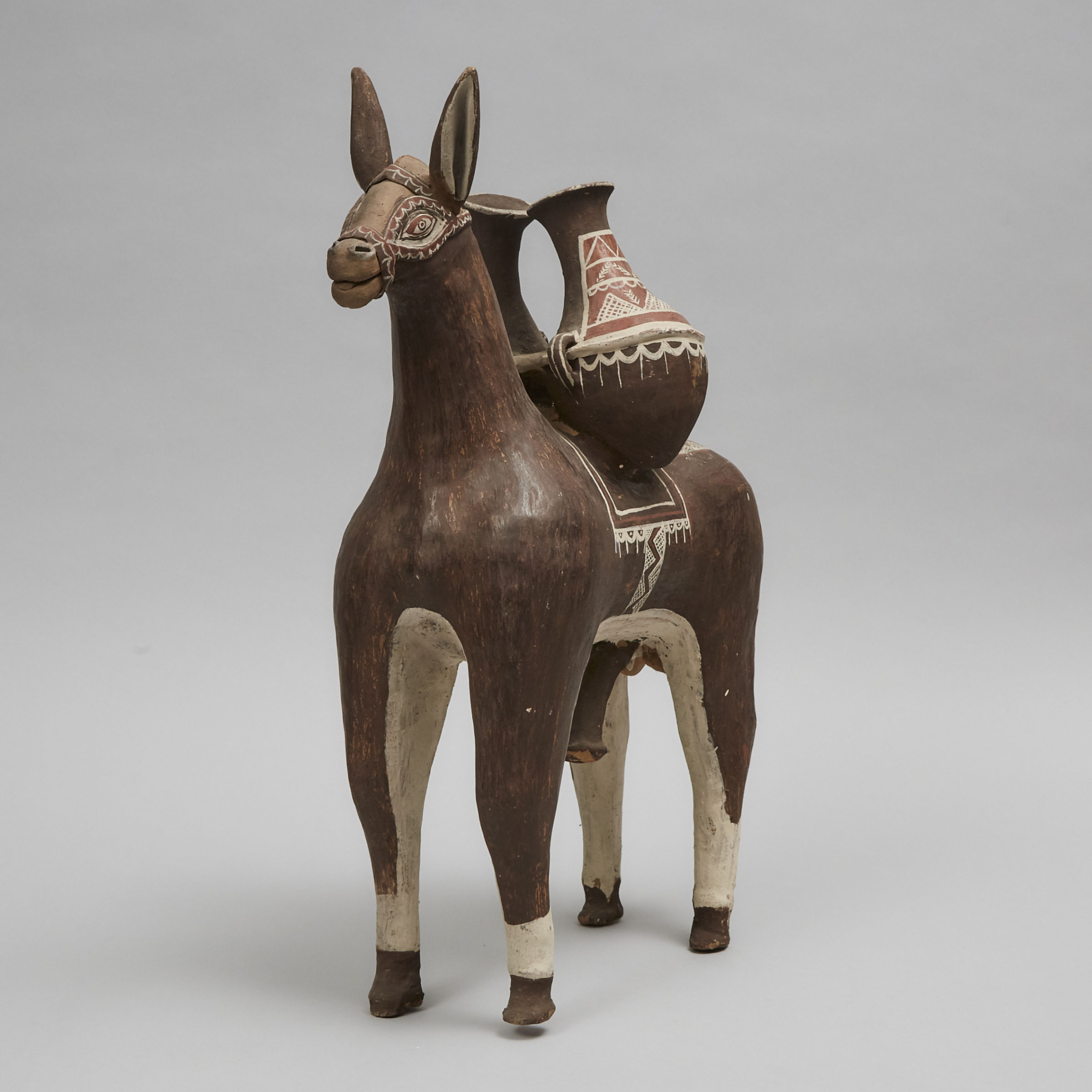 Large Mexican Painted Pottery Figure of a Donkey Bearing Water Jugs, 20th century