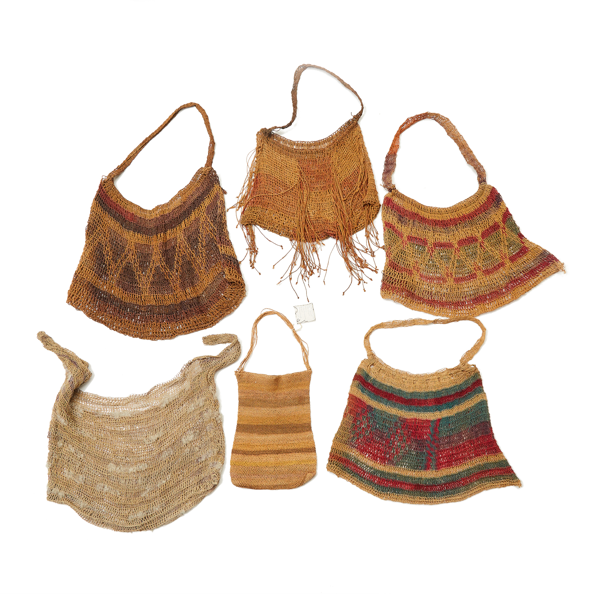 Five Papua New Guinea Woven Bilum Bags together with a woven Sand Palm Bag, Australia 