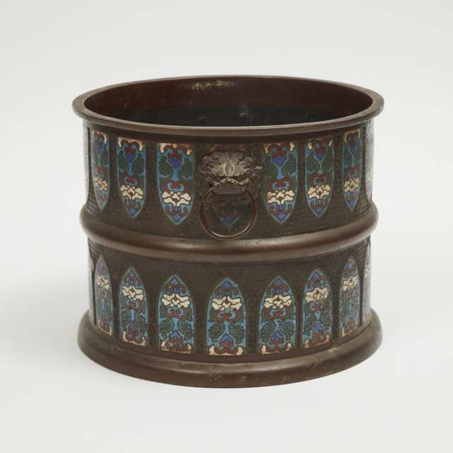 A Large Japanese Champlevé Cylinder-Form Censer, Meiji Period, 19th Century