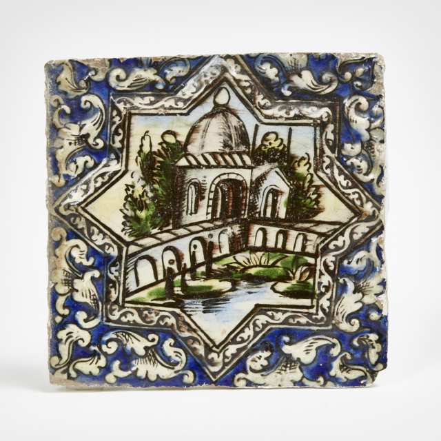A Set of Three Polychrome Architectural Pottery Tiles, Persia/Qajar, Late 19th Century