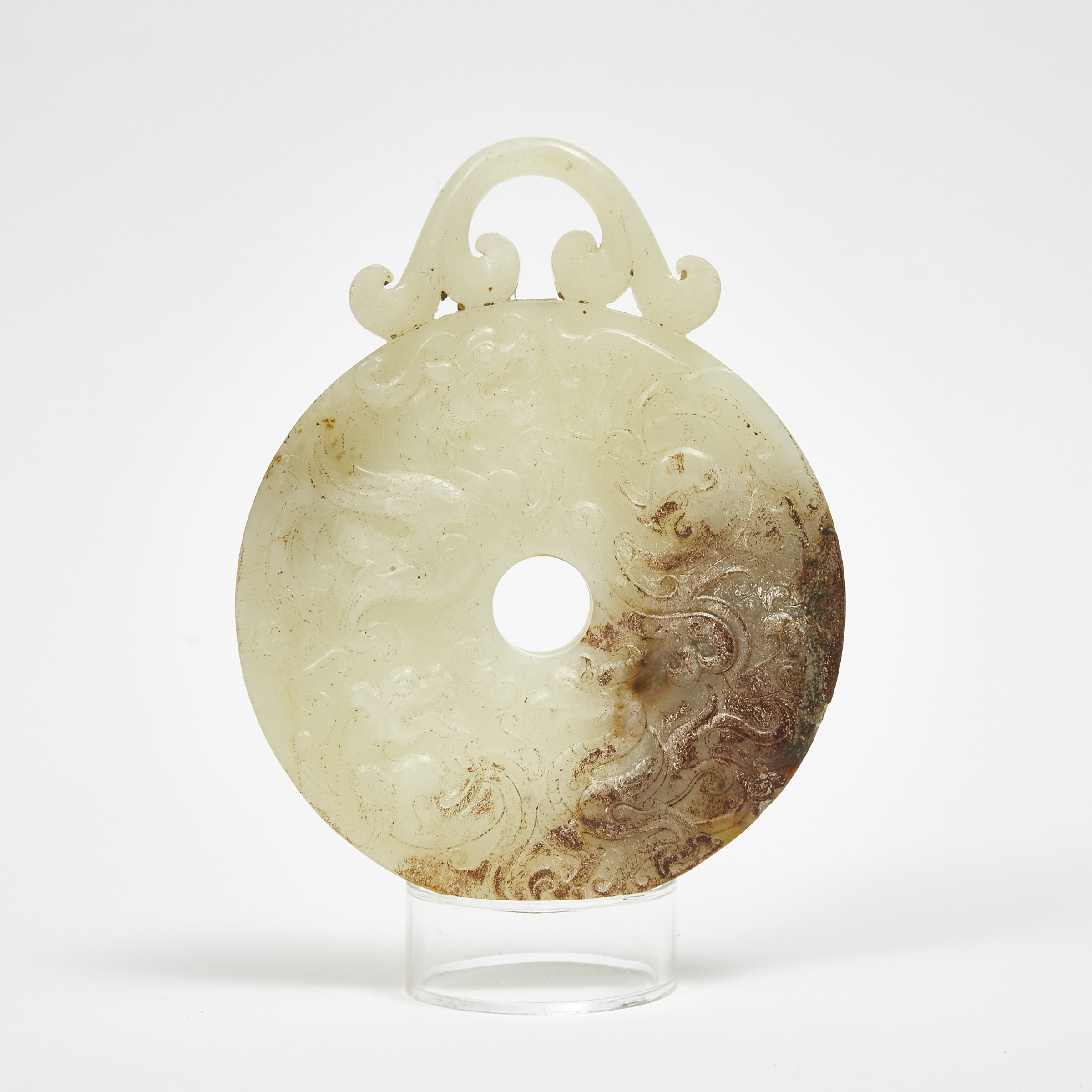 A Large White and Russet Stone Carved 'Dragon and Phoenix' Bi Disc