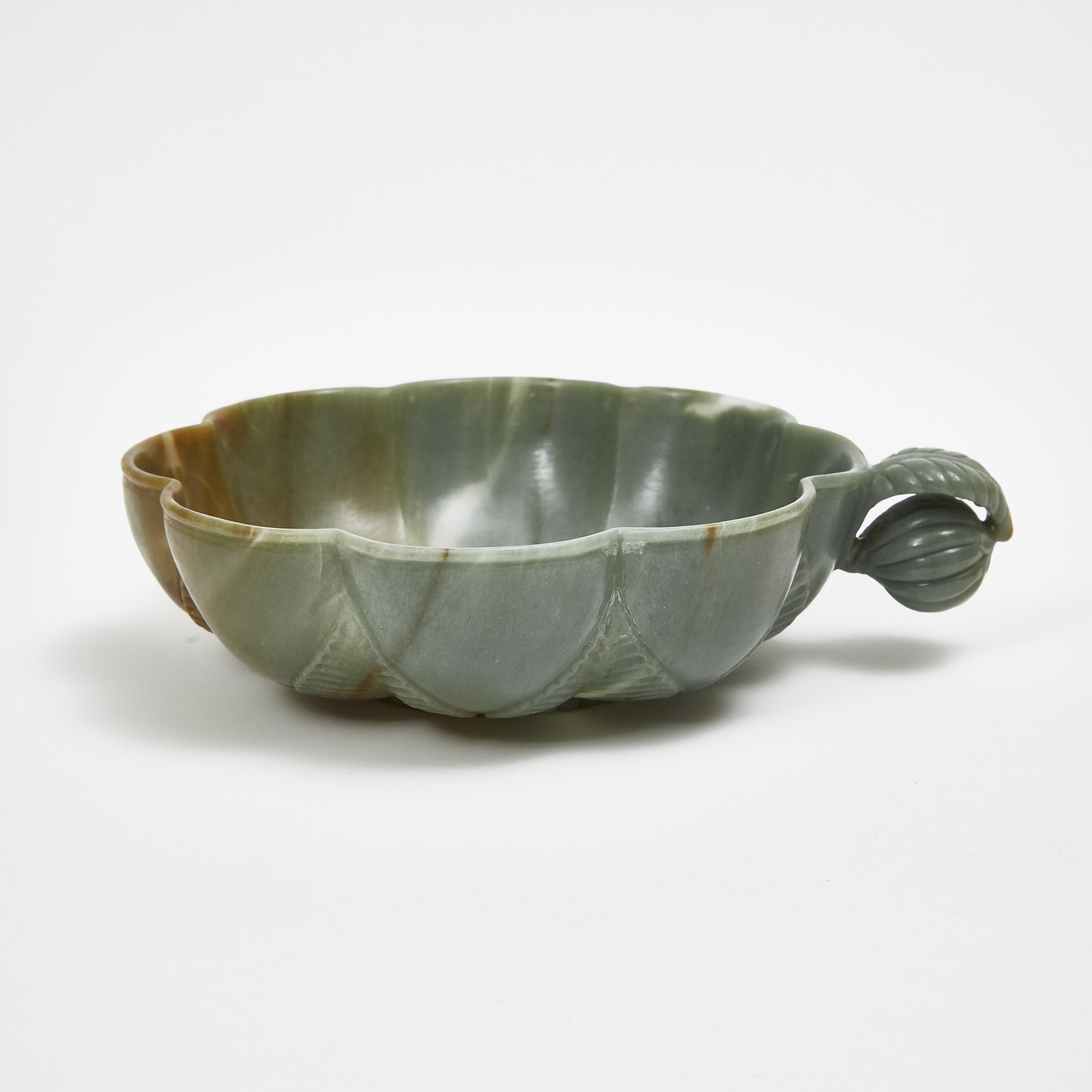 A Mughal-Style Green and Russet Stone Carved 'Chrysanthemum' Basin