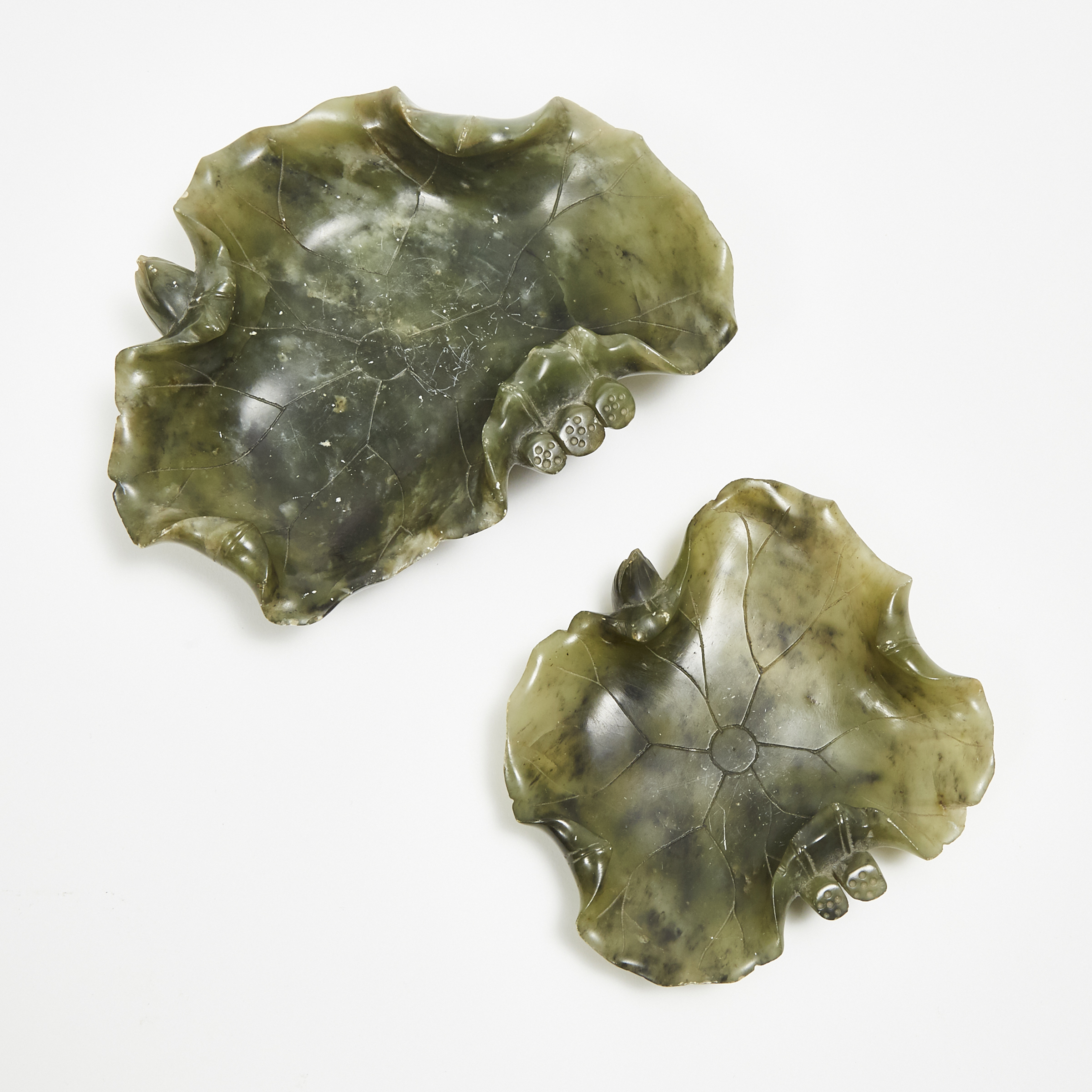 Two Spinach Jade Lotus Leaf-Form Brushwashers, 20th Century