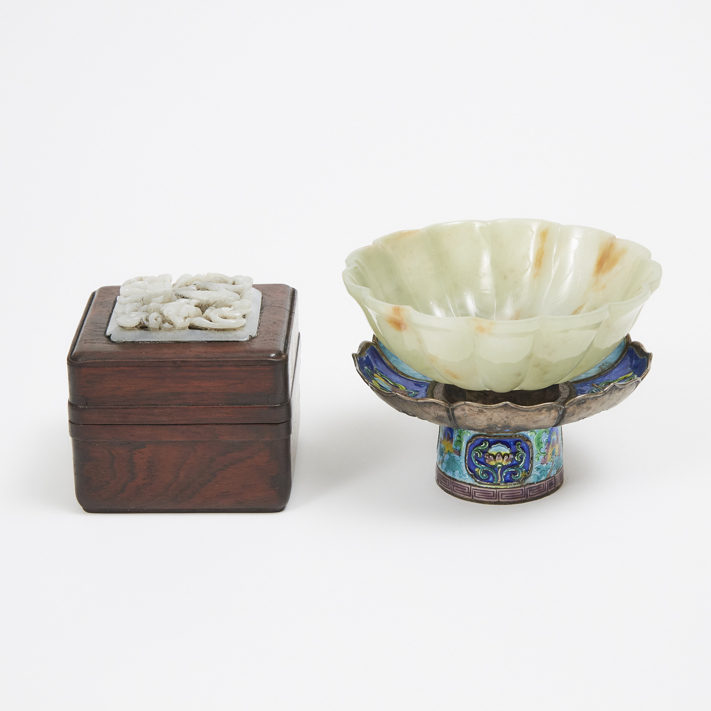 A Celadon Jade Bowl together with a Jade Inlaid Wood Box