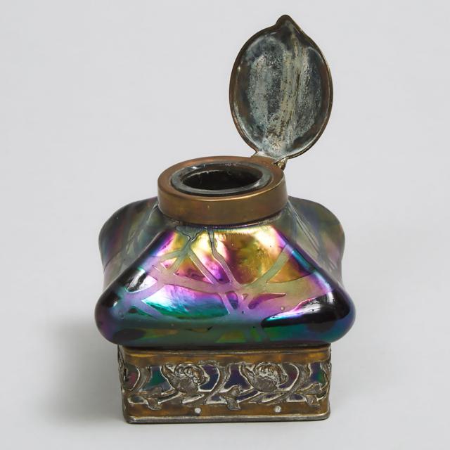 Austrian Gilt-Metal Mounted Iridescent Glass Inkwell, c.1900
