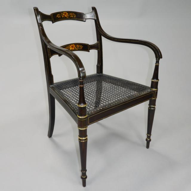 Pair of Regency Ebonized and Painted Open Arm Chairs, 19th century