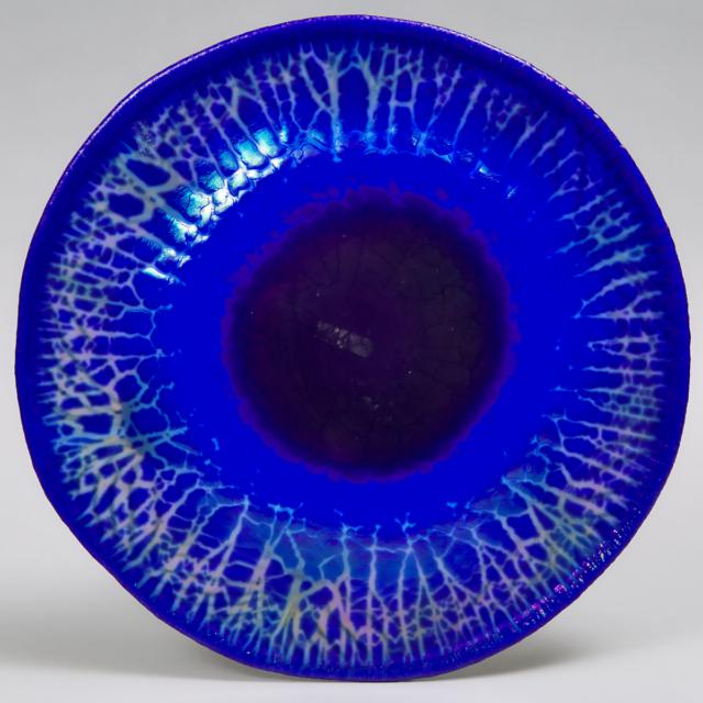 Charles Lotton (American, b.1935), Iridescent Cobalt Glass Peacock Rondelle, dated 1994