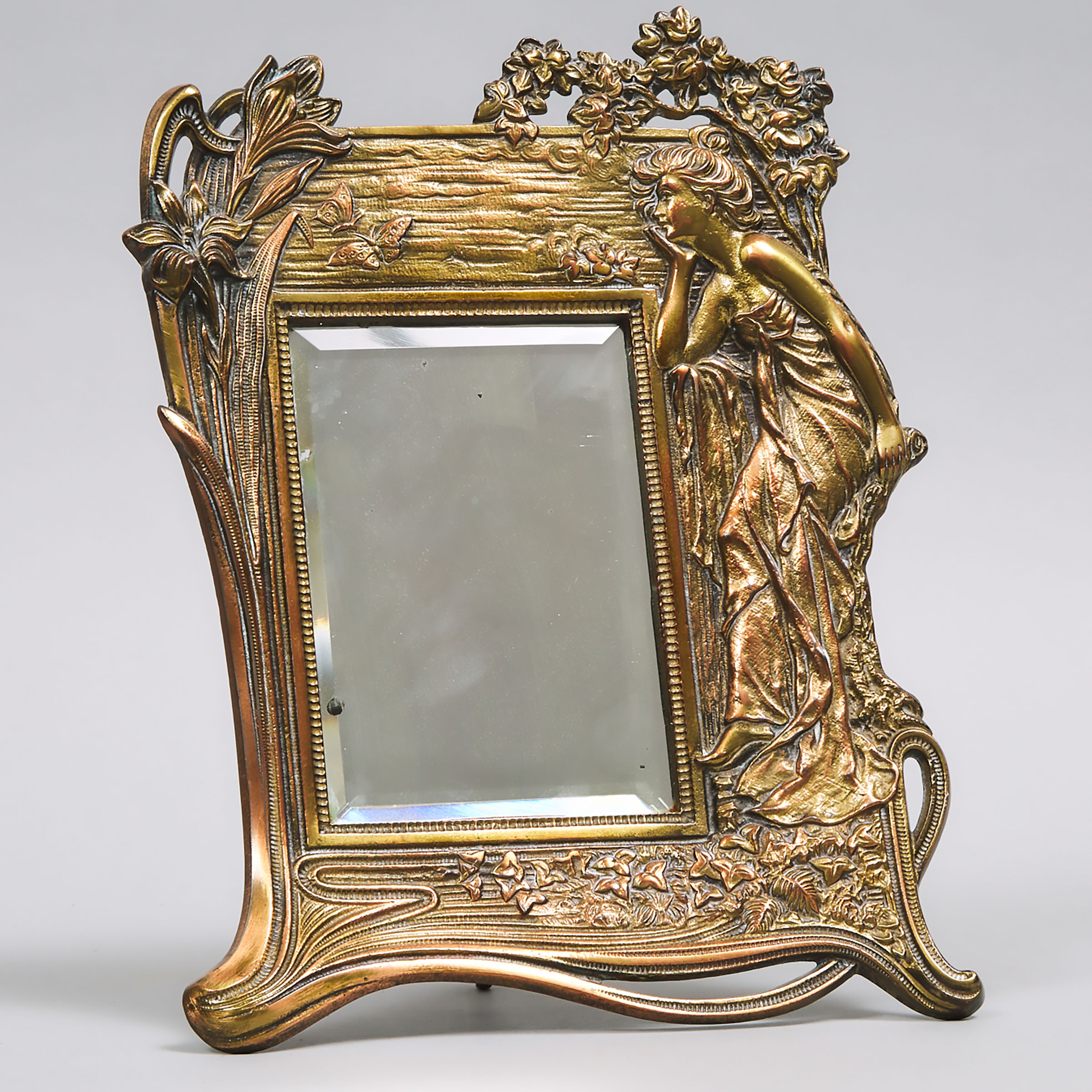 French Art Nouveau Coppered Brass Strut Mirror, c.1890