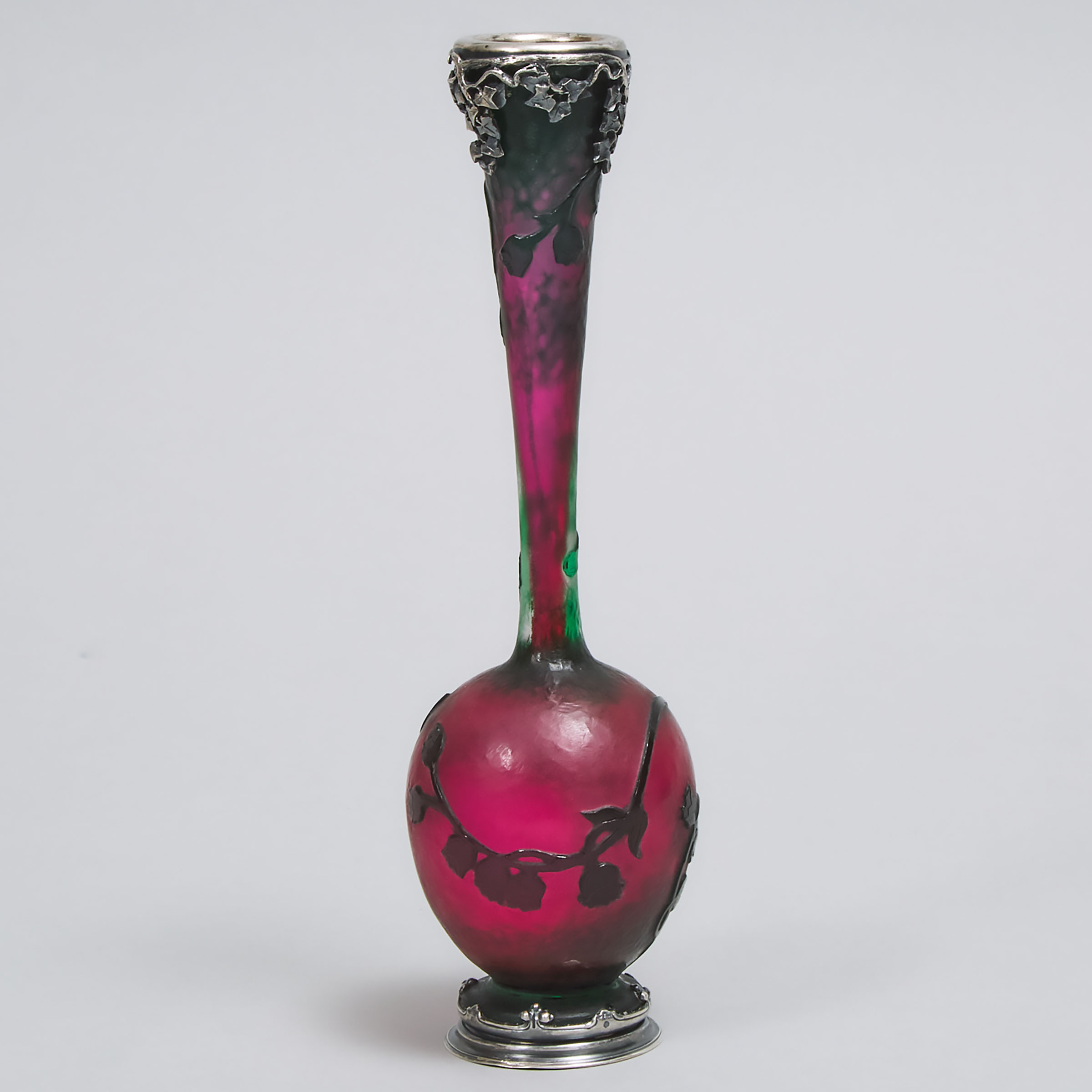 Daum Silver Mounted Lily of the Valley Cameo Glass Vase, c.1900