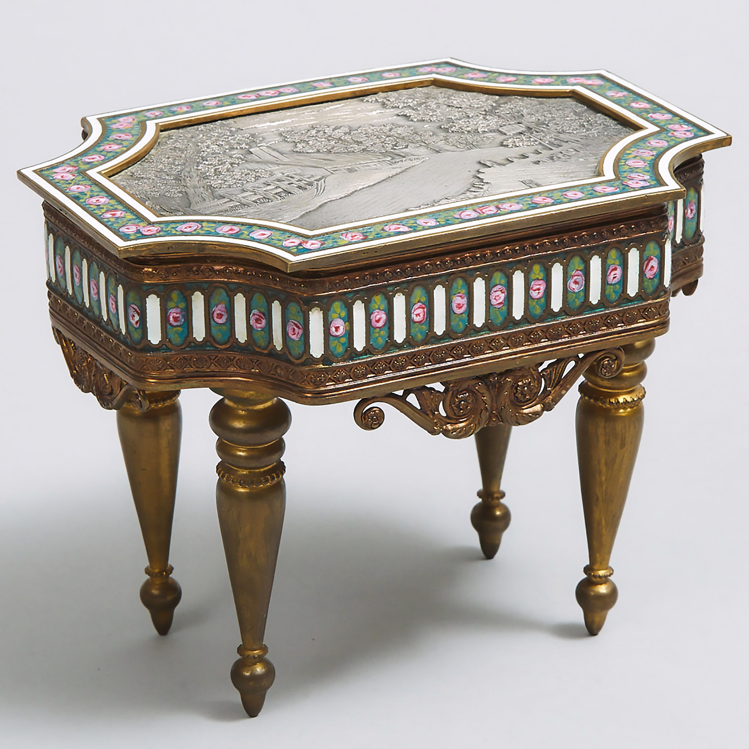 French Silvered, Gilt and Enamelled Bronze Jewellery Casket, early 20th century
