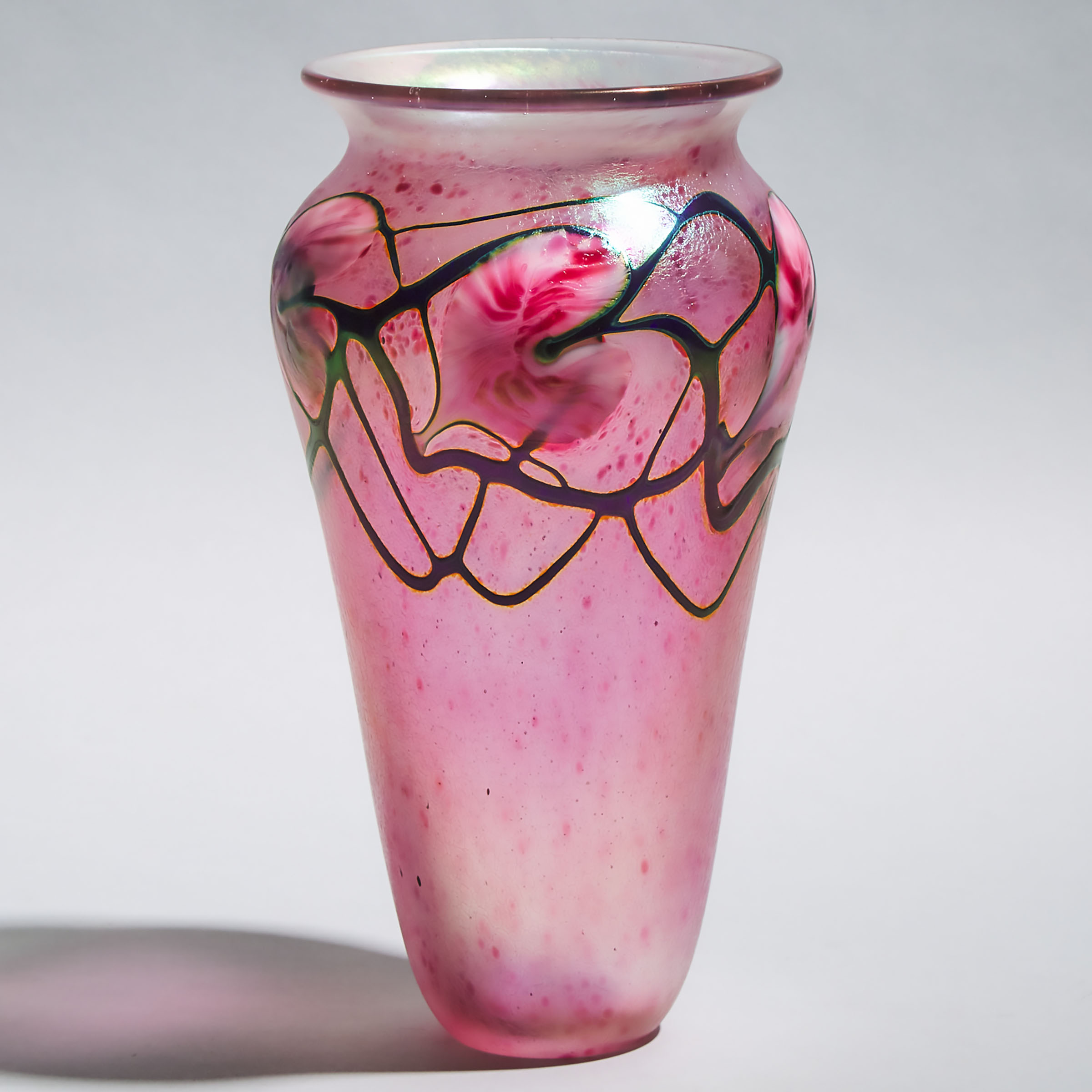 John Lotton (American, b.1964), Iridescent Pink 'Leaf and Vine' Glass Vase, dated 1990