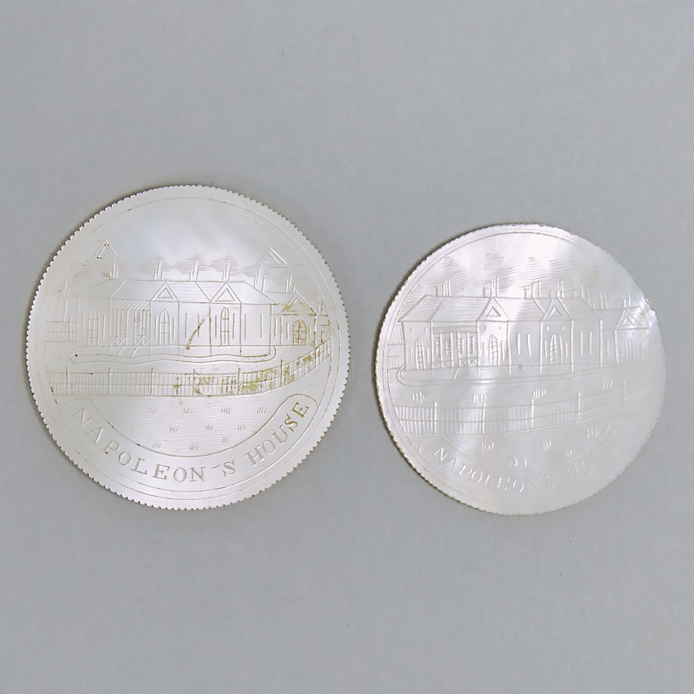 Two Napoleonic Chinese Engraved Mother-of-Pearl Gaming Counters, 1st half 19th century 