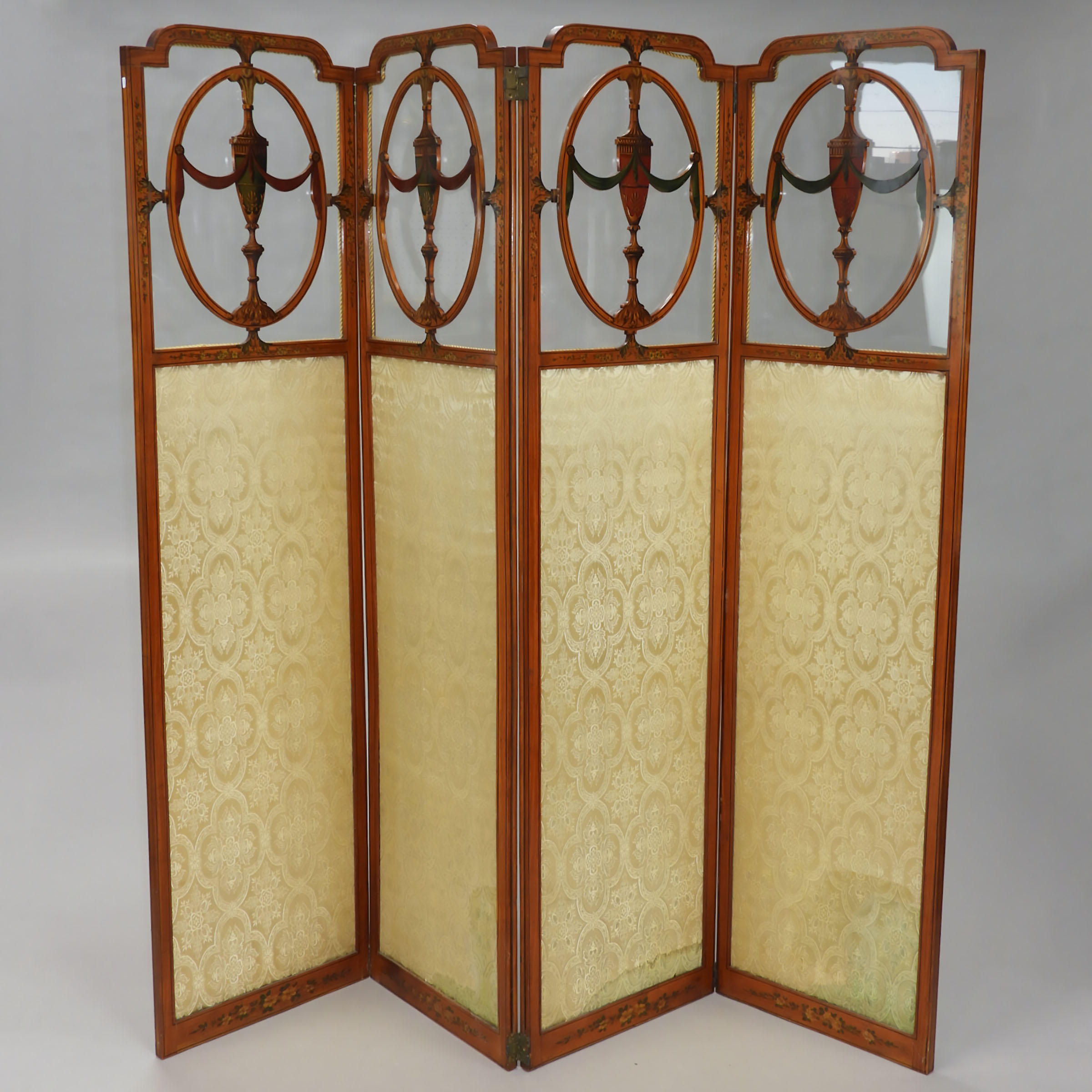 Neoclassical Painted Satinwood Four Panel Folding Screen, c.1900