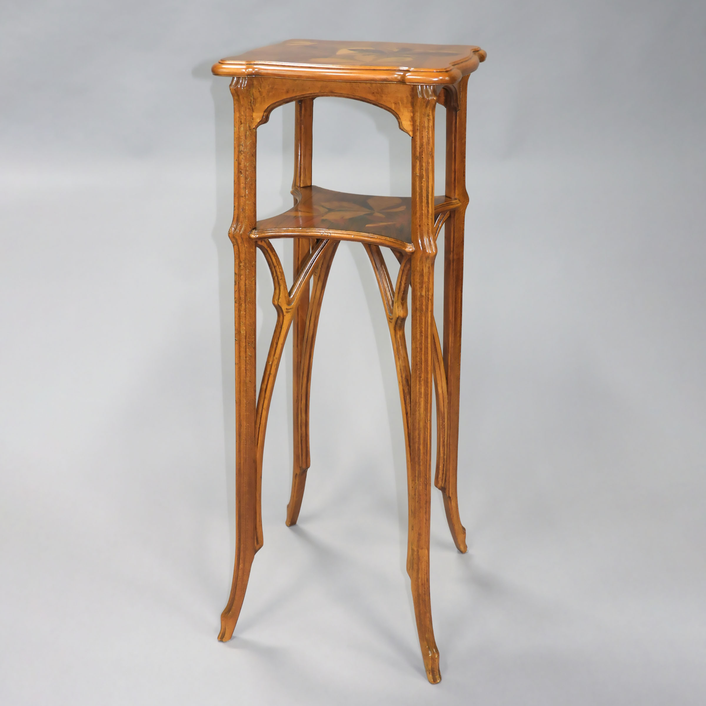 French Art Nouveau Gallé Style Marquetry Inlaid Mixed Wood Plant Stand, 19th/early20th century