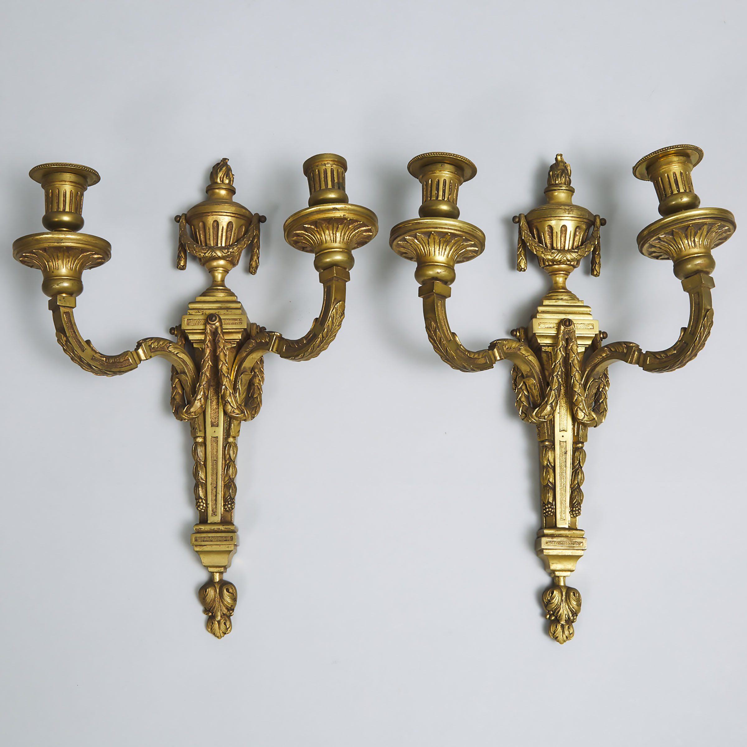 Pair of Louis XVI Style Gilt Bronze Two Candle Wall Sconces, c.1900