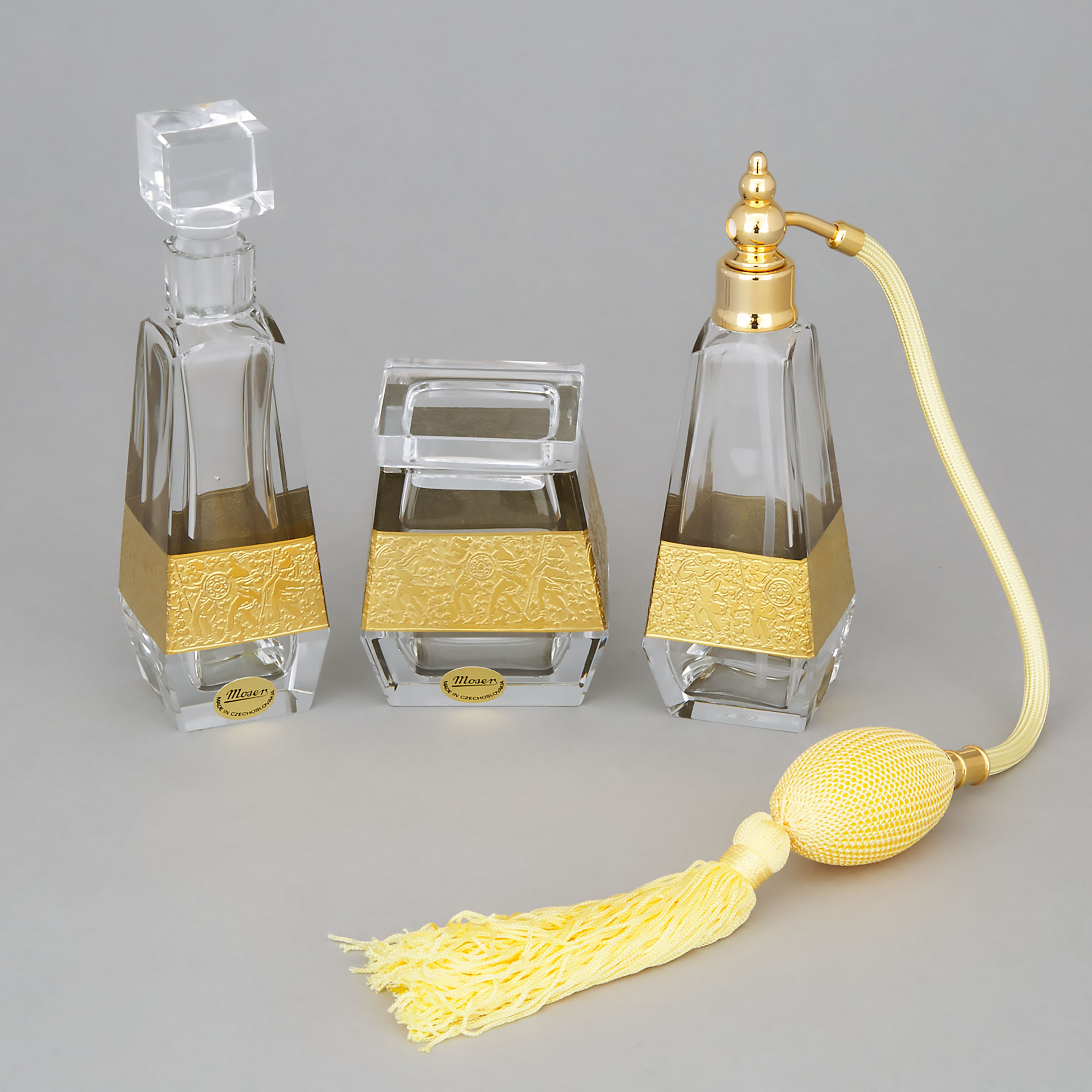 Two Moser Etched and Gilt Cut Glass Perfume Bottles and Dresser Jar, 20th century