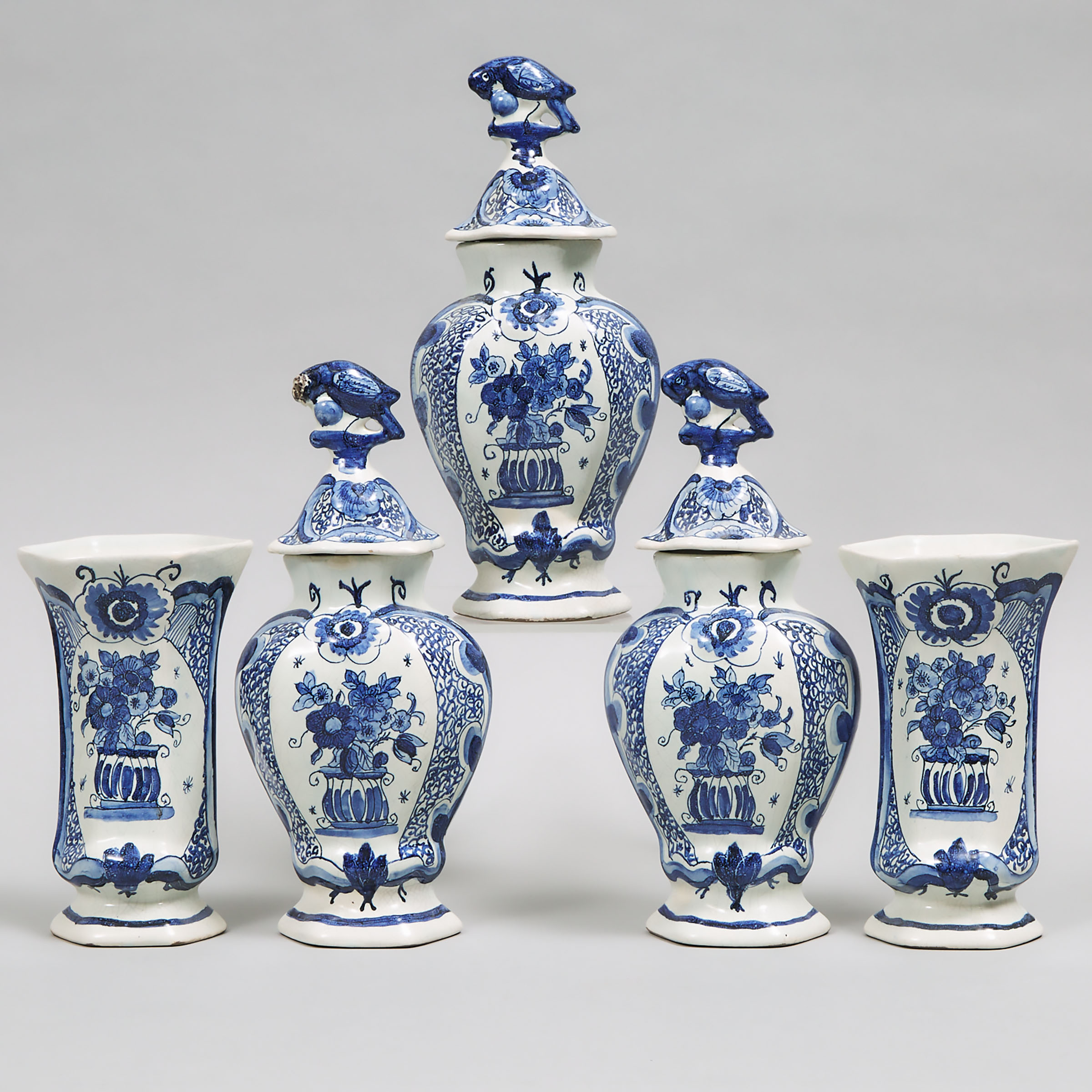Garniture of Five Delft Blue Painted Vases, Three with Covers, 19th/20th century