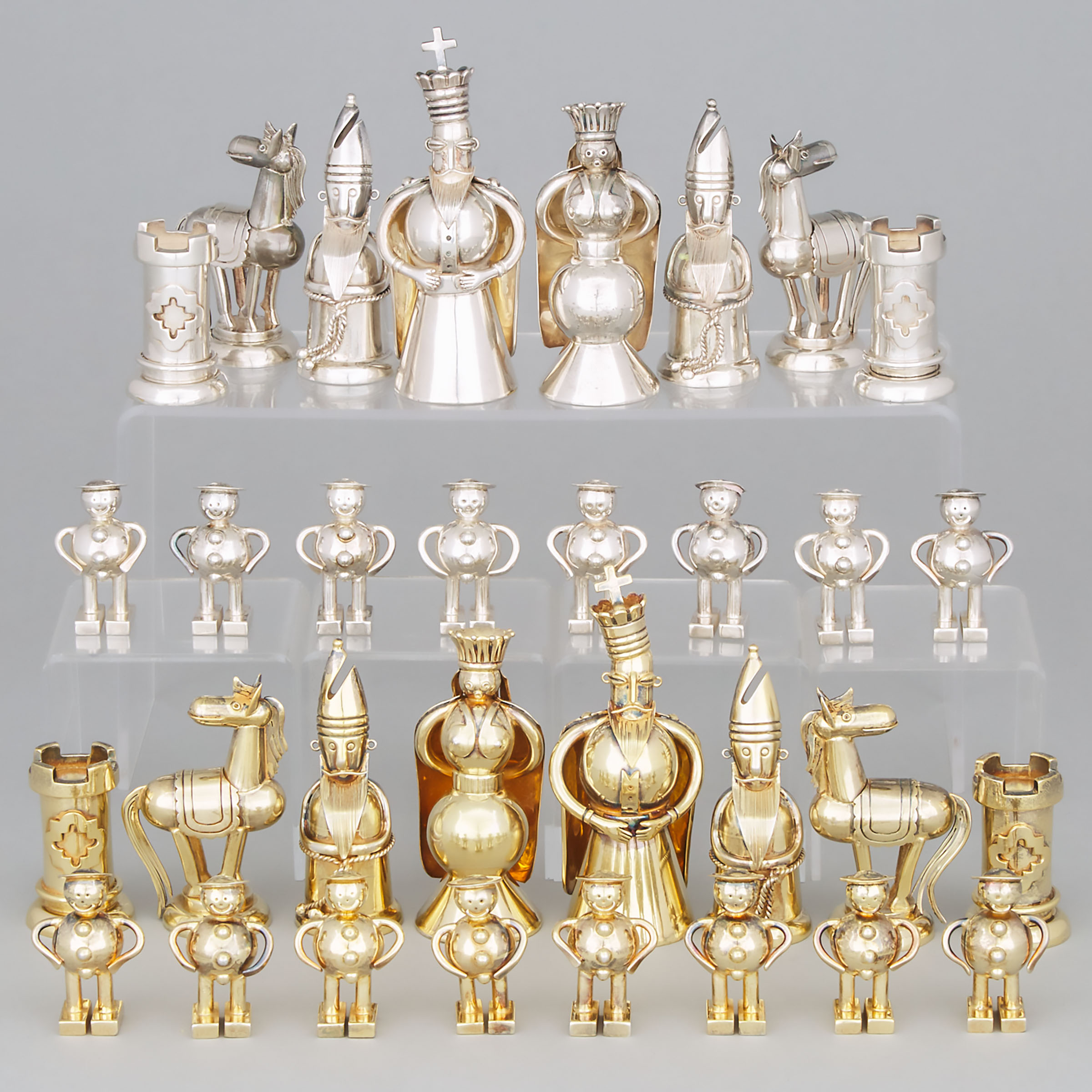 Mexican Silver and Silver-Gilt Chess Set, Héctor Aguilar, Taxco, 20th century
