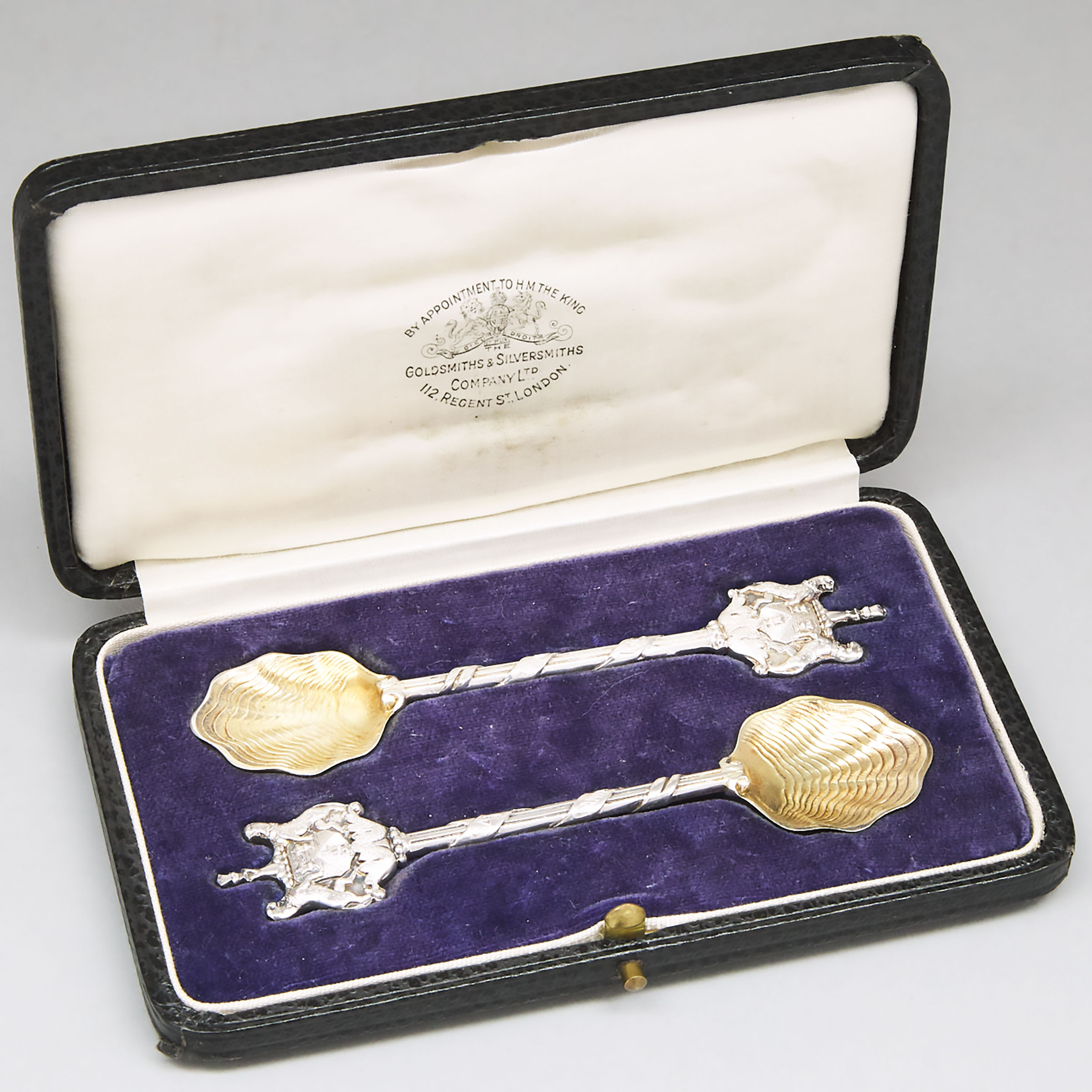 Pair of English Silver Worshipful Company of Salters Armorial Salt Spoons, Goldsmiths & Silversmiths Co., London, 1930
