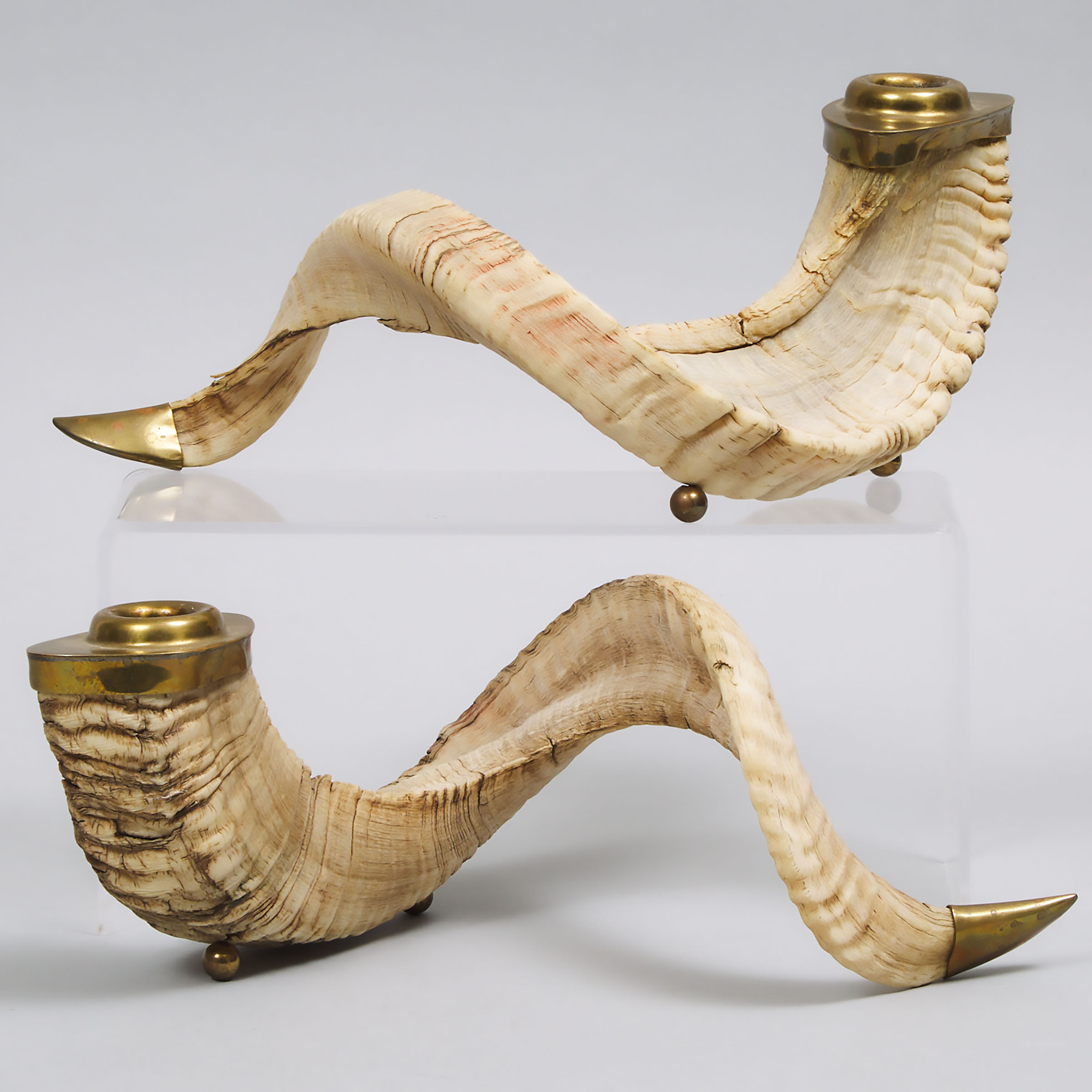Pair of Ram's Horn Candle Holders, 20th century