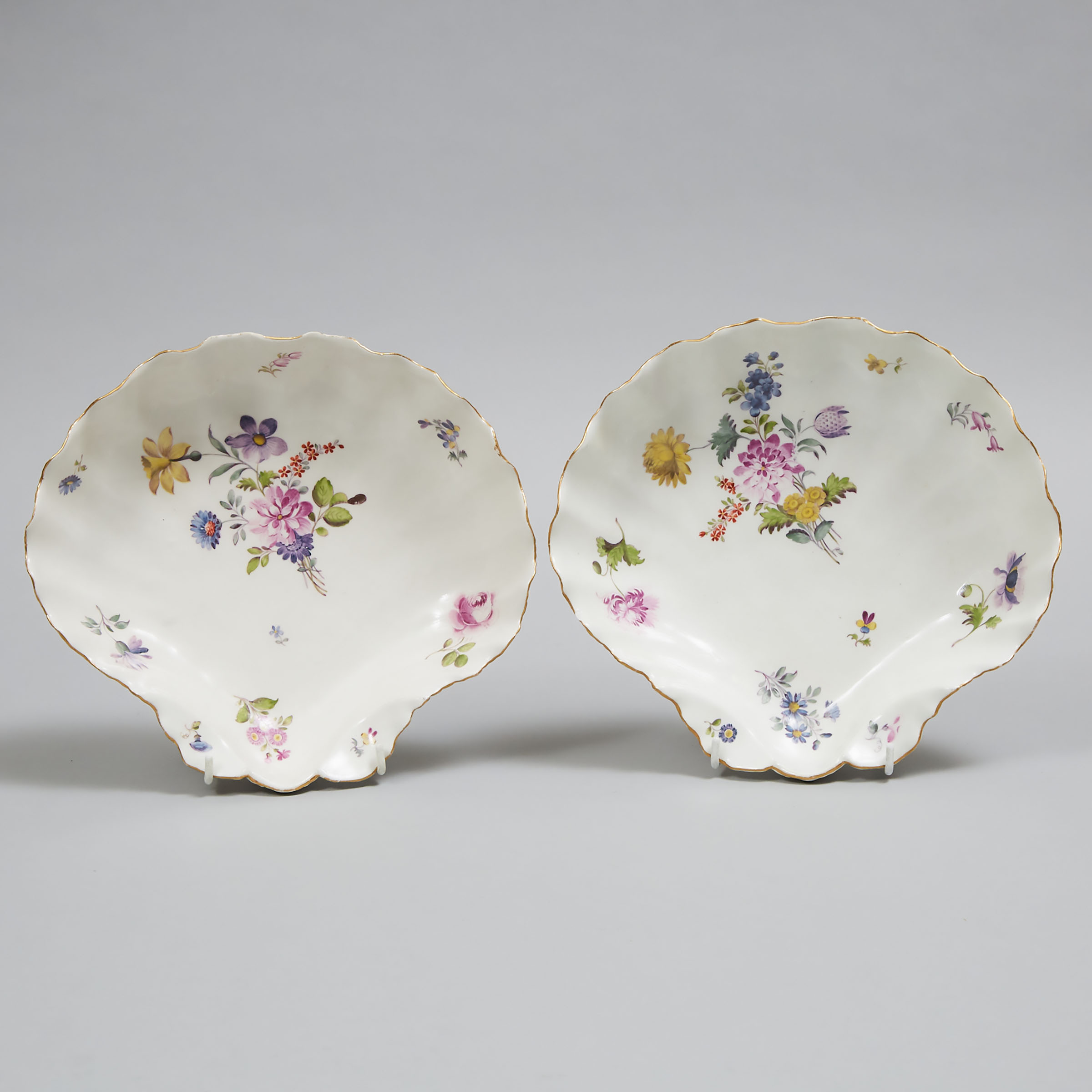 Pair of Meissen Moulded and Flower Painted Shell Dishes, 18th century