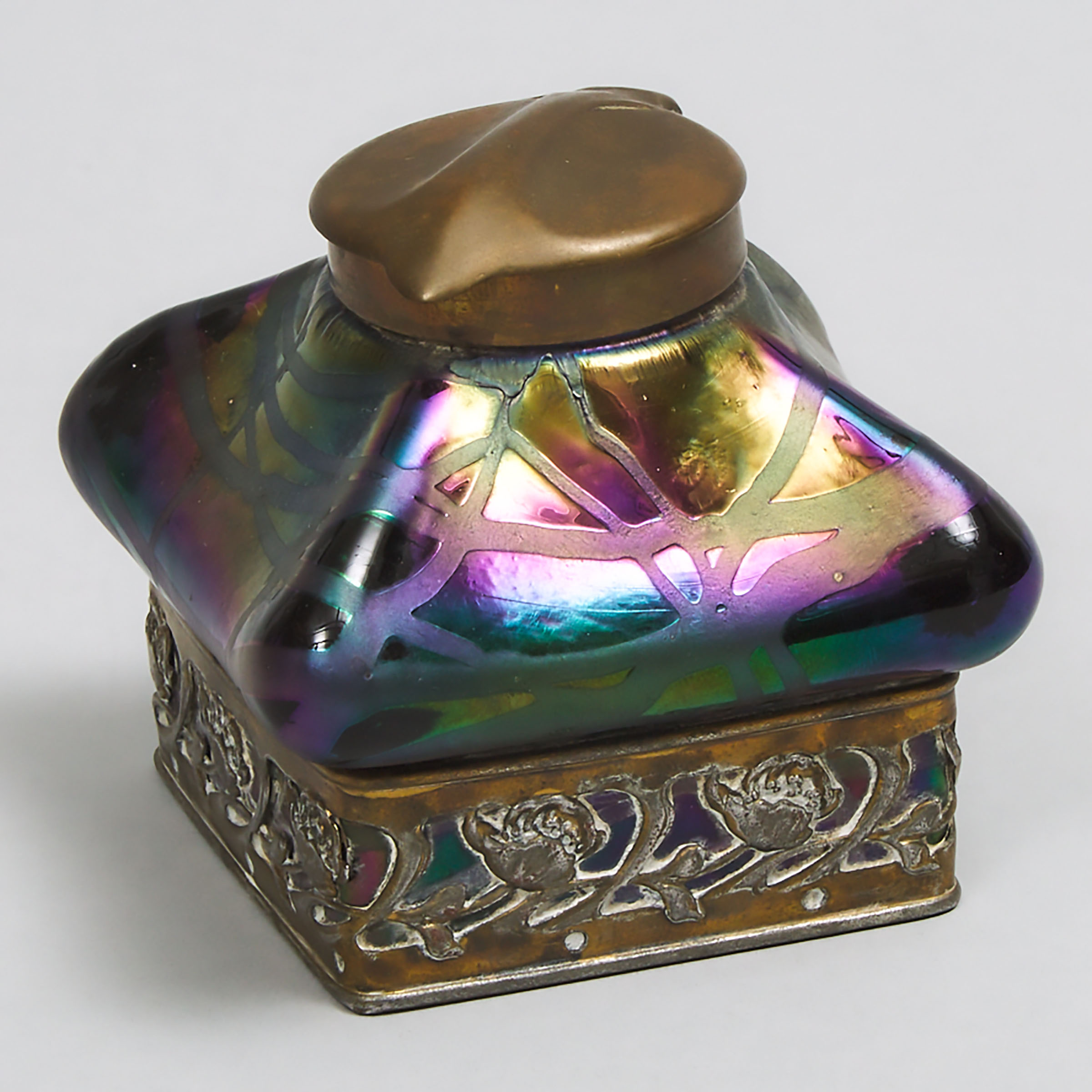 Austrian Gilt-Metal Mounted Iridescent Glass Inkwell, c.1900