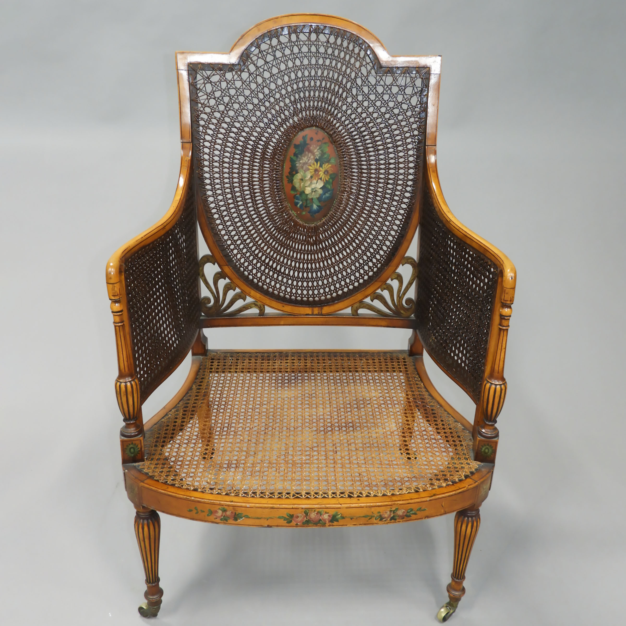Neoclassical Painted Satinwood Open Armchair, late 19th/early 20th century