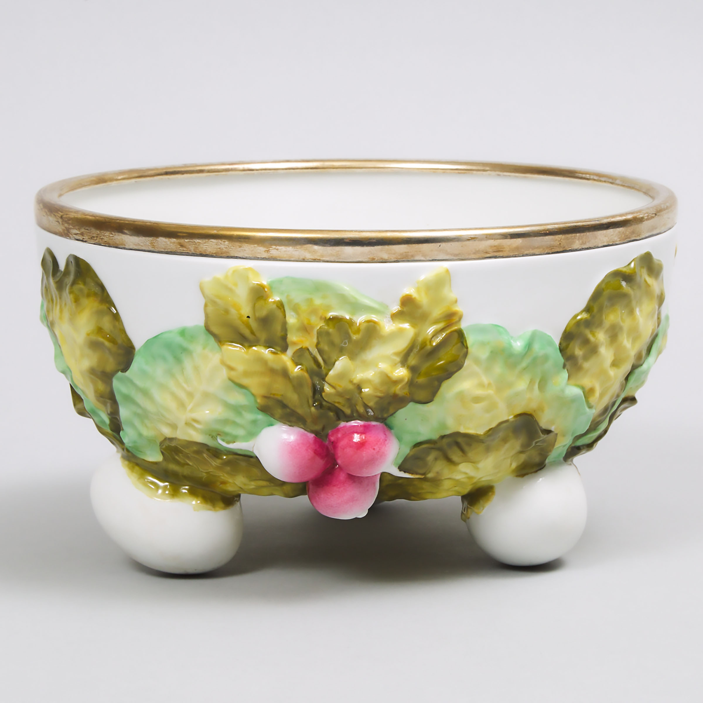 German Silvered Metal Mounted Porcelain Salad Bowl, early 20th century