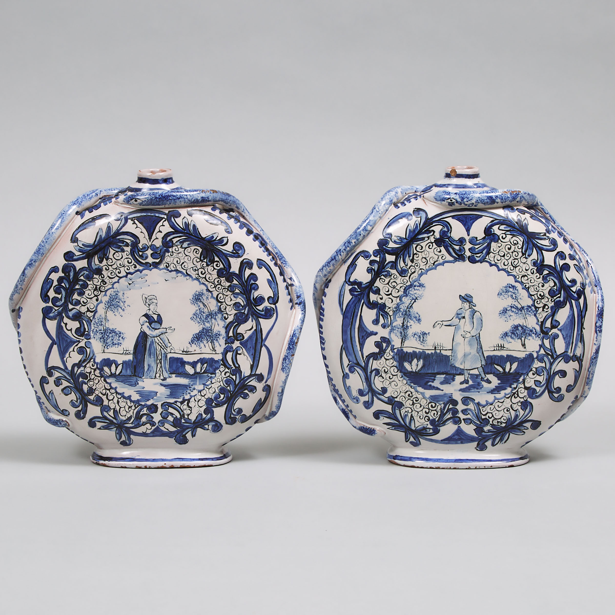 Pair of Delft Blue Painted Serpent-Handled Moon Flasks, late 18th/19th century