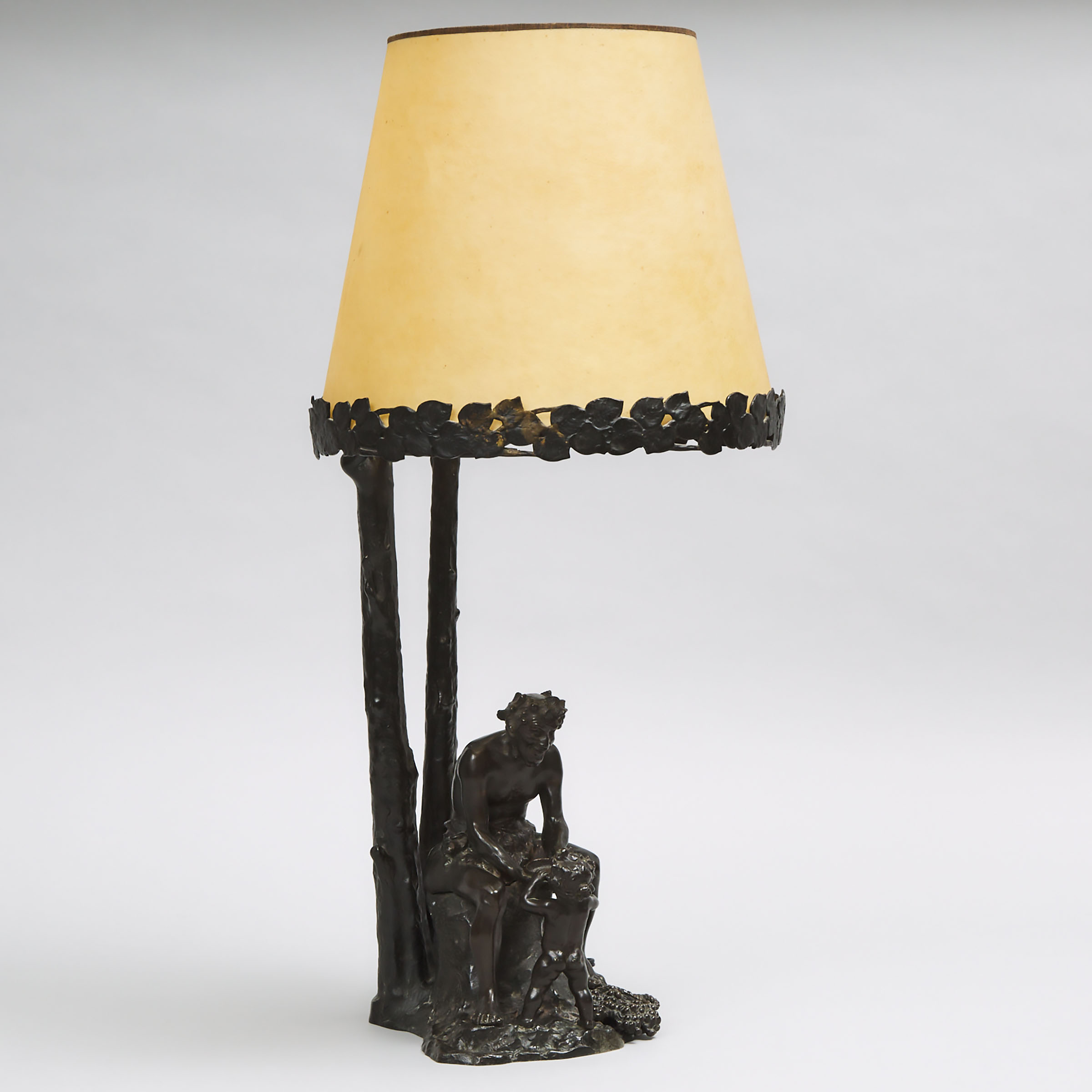 French Patinated Bronze Bacchanalian Figural Group Desk Lamp, mid-late 20th century