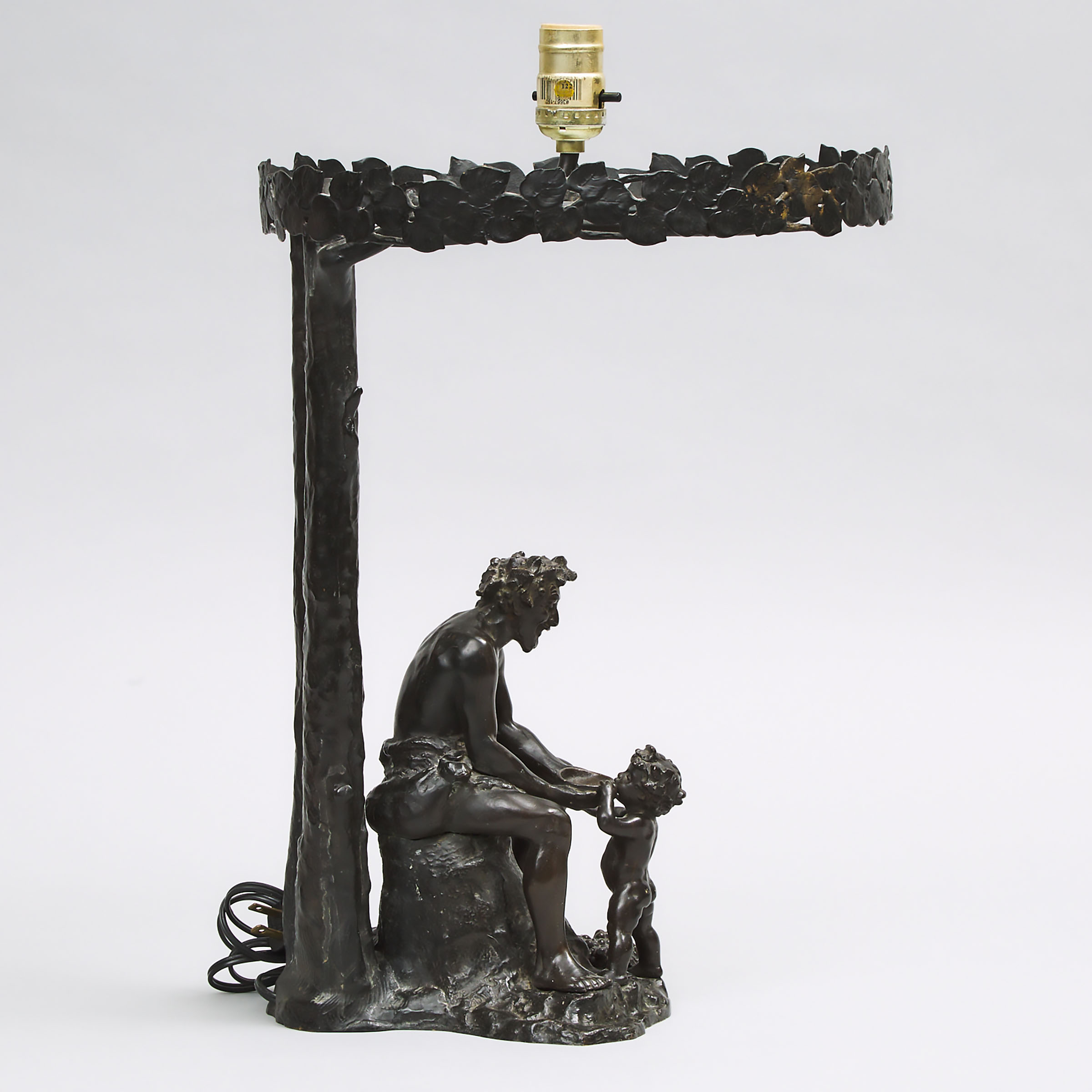 French Patinated Bronze Bacchanalian Figural Group Desk Lamp, mid-late 20th century