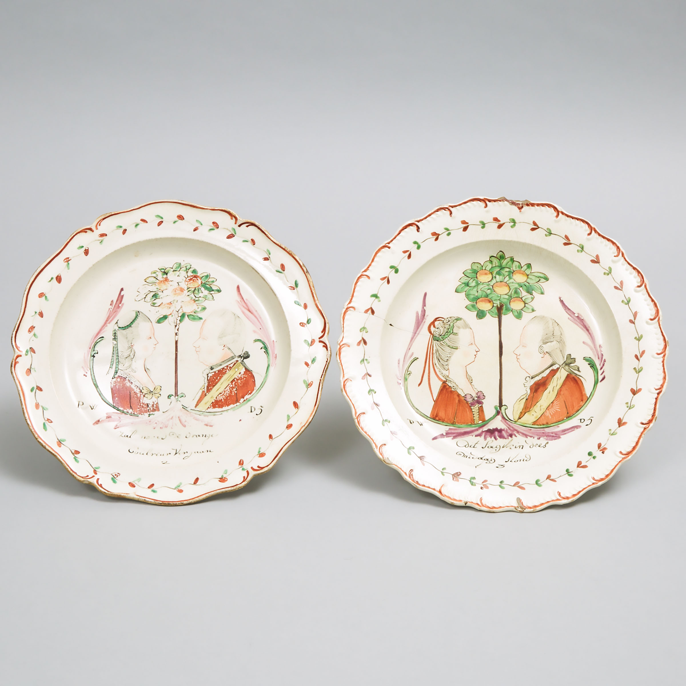 Two Dutch-Decorated English Creamware Orangist Royal Portrait Plates, late 18th century