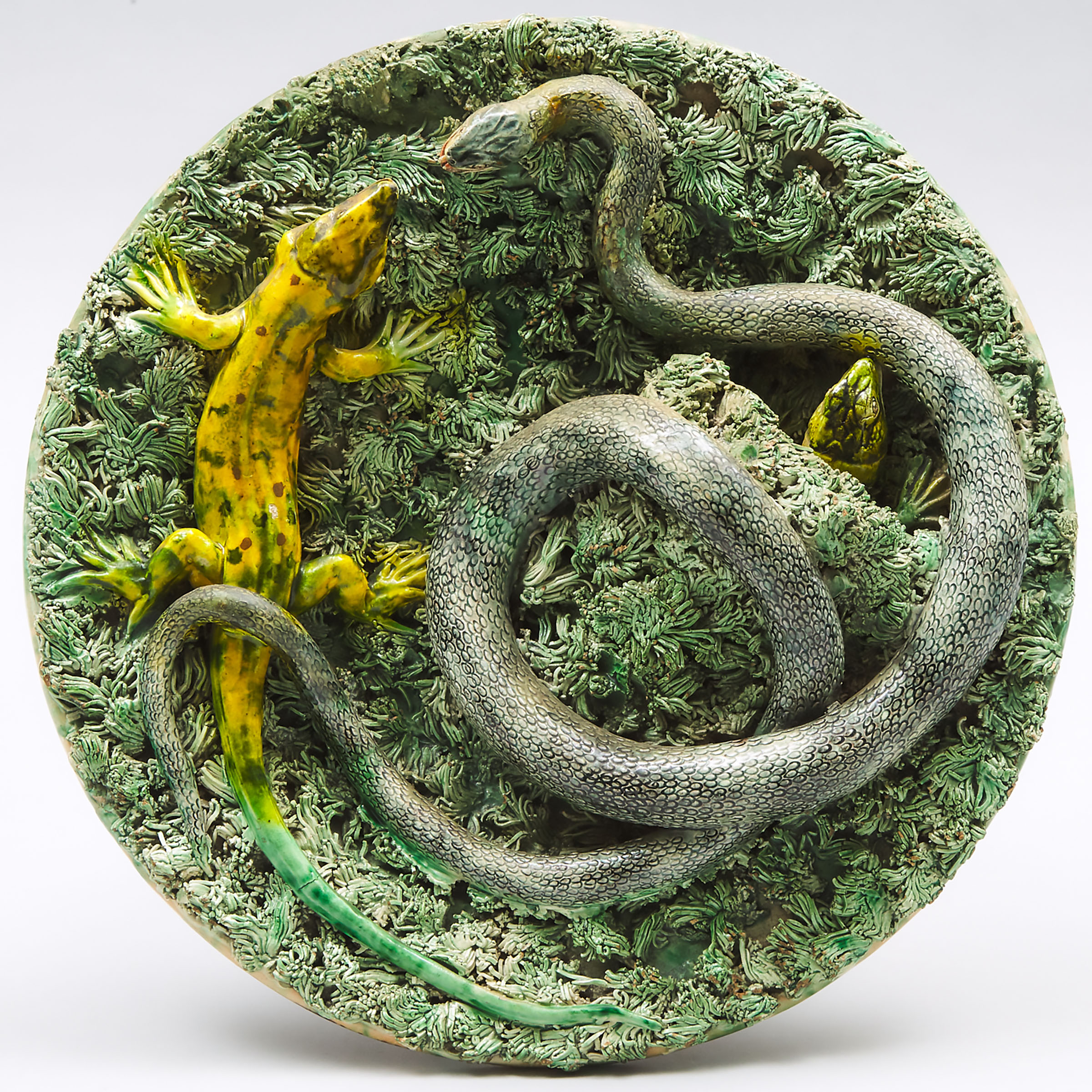 Portuguese Majolica Palissy-Style Circular Wall Plaque, late 19th century