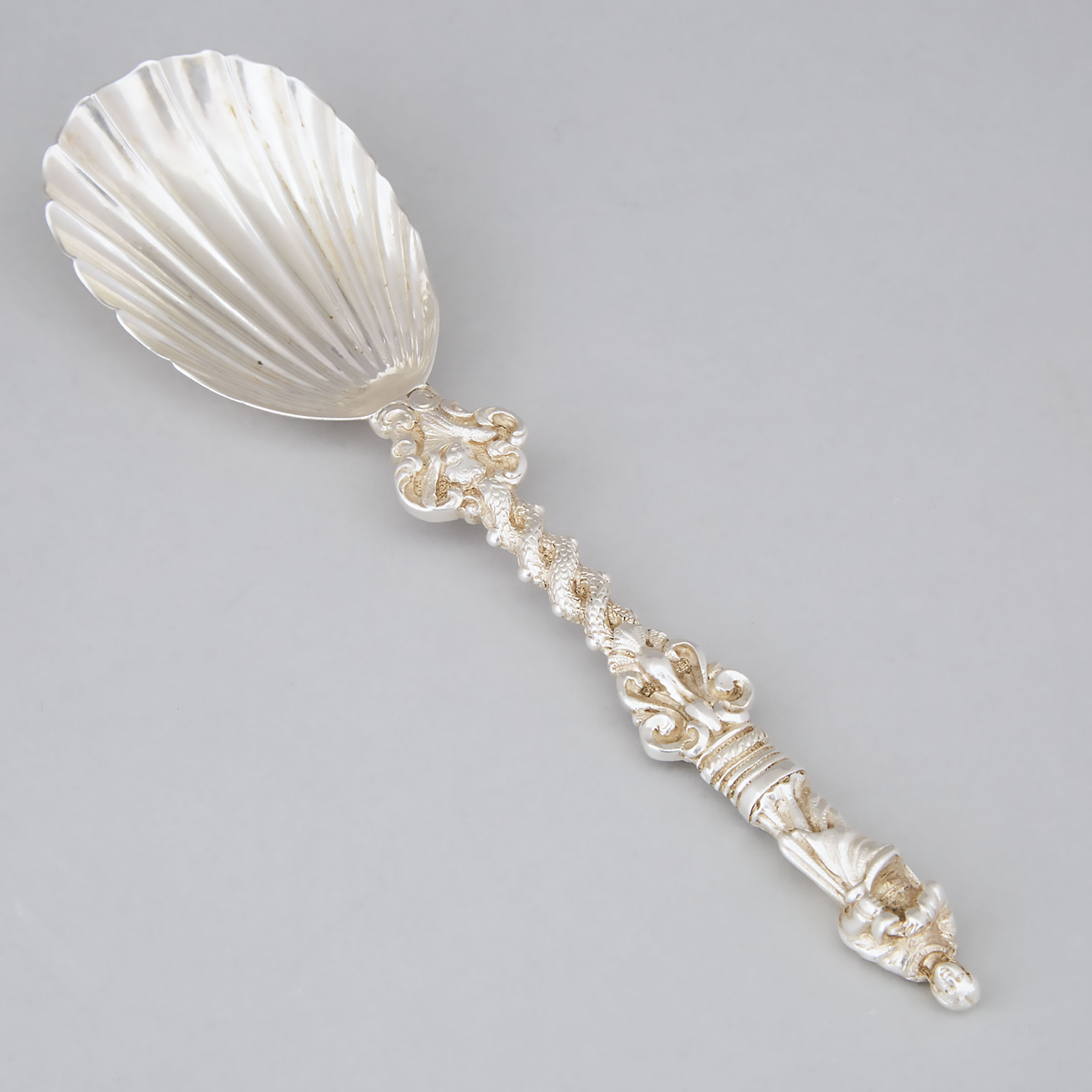 Victorian Silver Figural-Topped Berry Spoon, Charles Boyton II, London, 1885