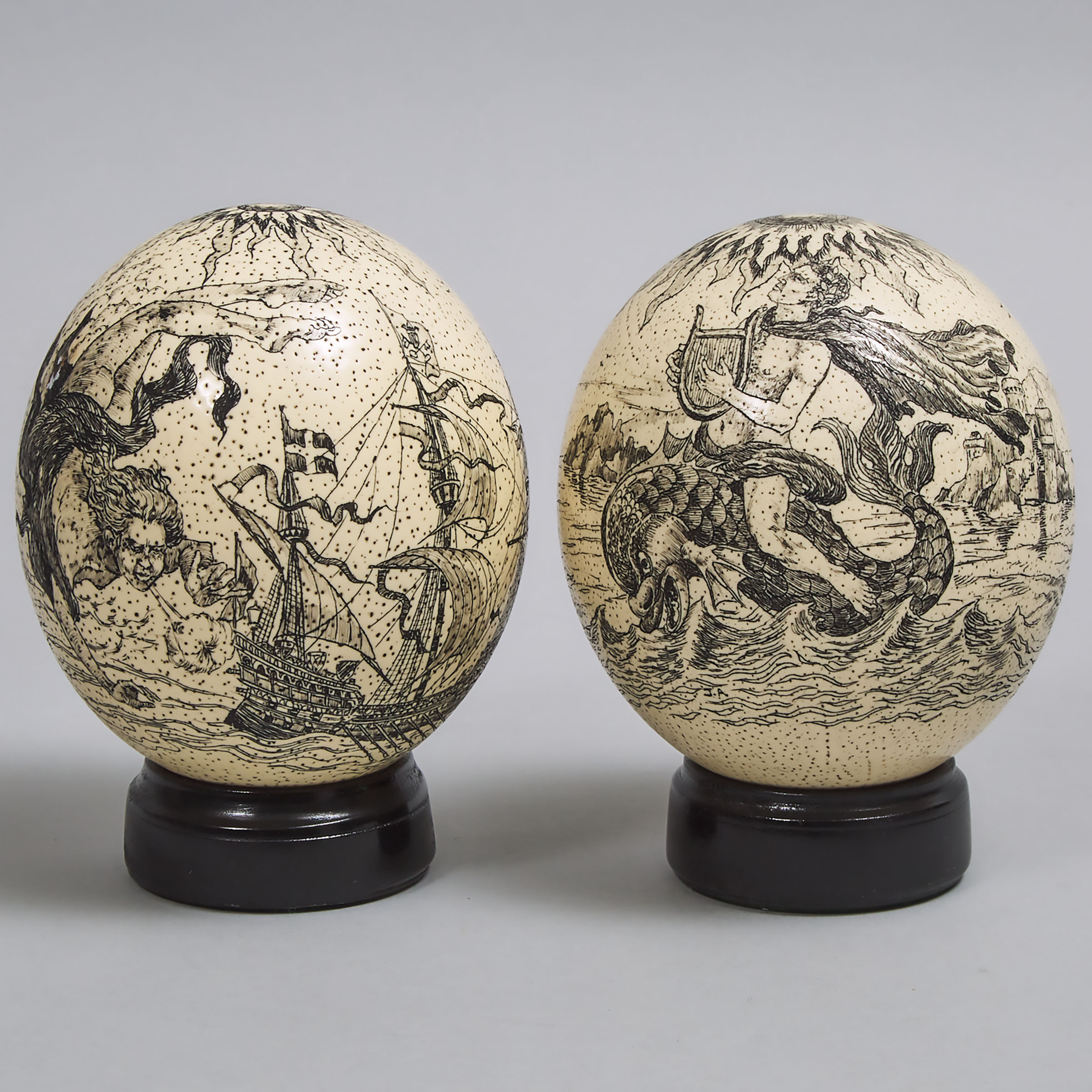 Pair of Engraved Ostrich Eggs, mid 20th century