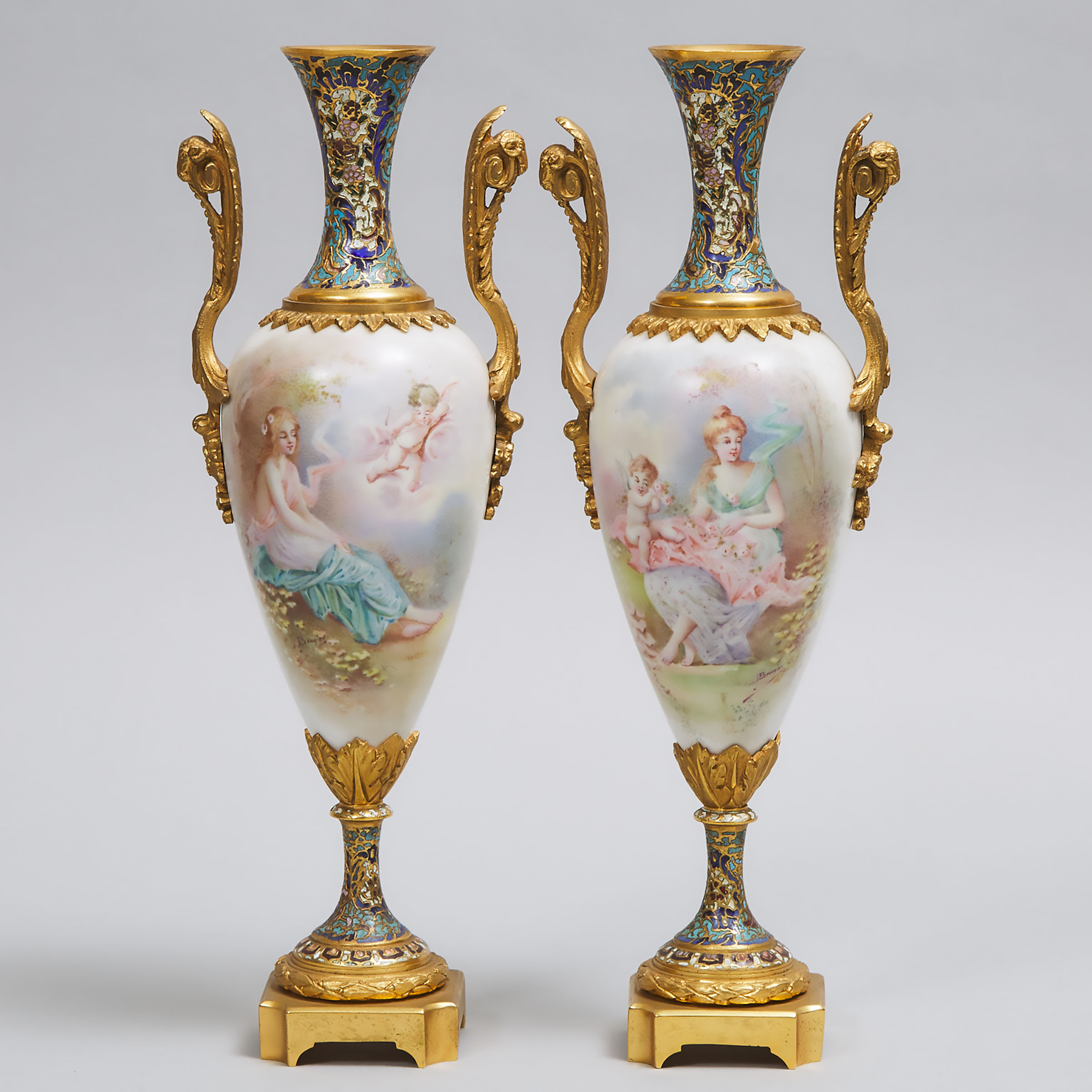 Pair of Gilt Bronze and Champlevé Enamel Mounted  'Sèvres' Vases, c.1900