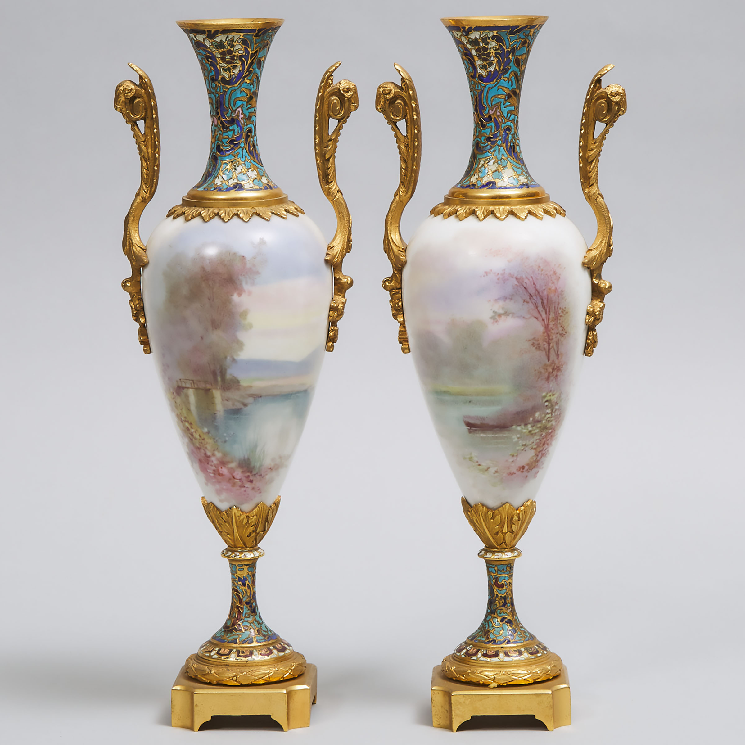 Pair of Gilt Bronze and Champlevé Enamel Mounted  'Sèvres' Vases, c.1900