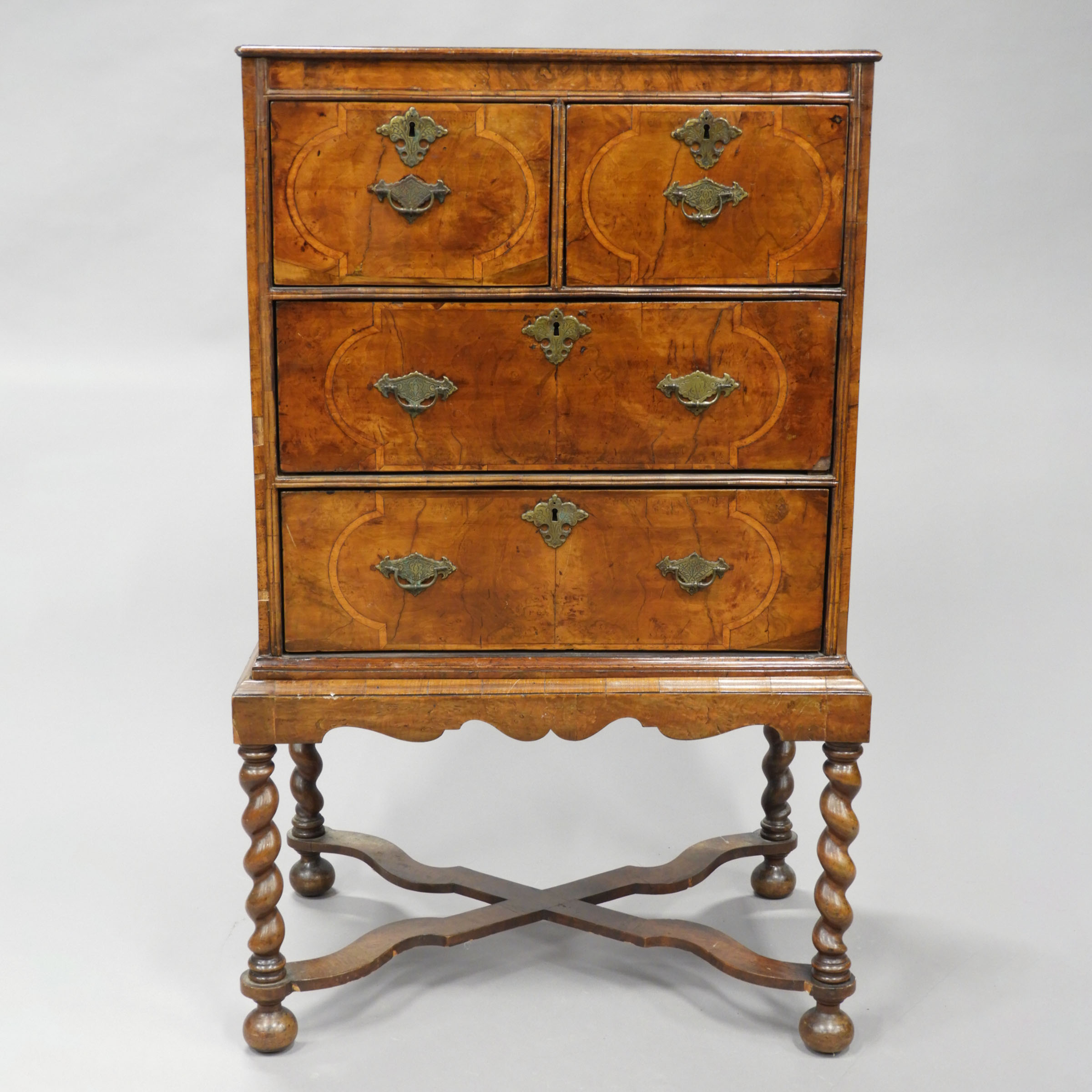 Small William and Mary Inlaid Figured Walnut Chest on Stand, early 18th century